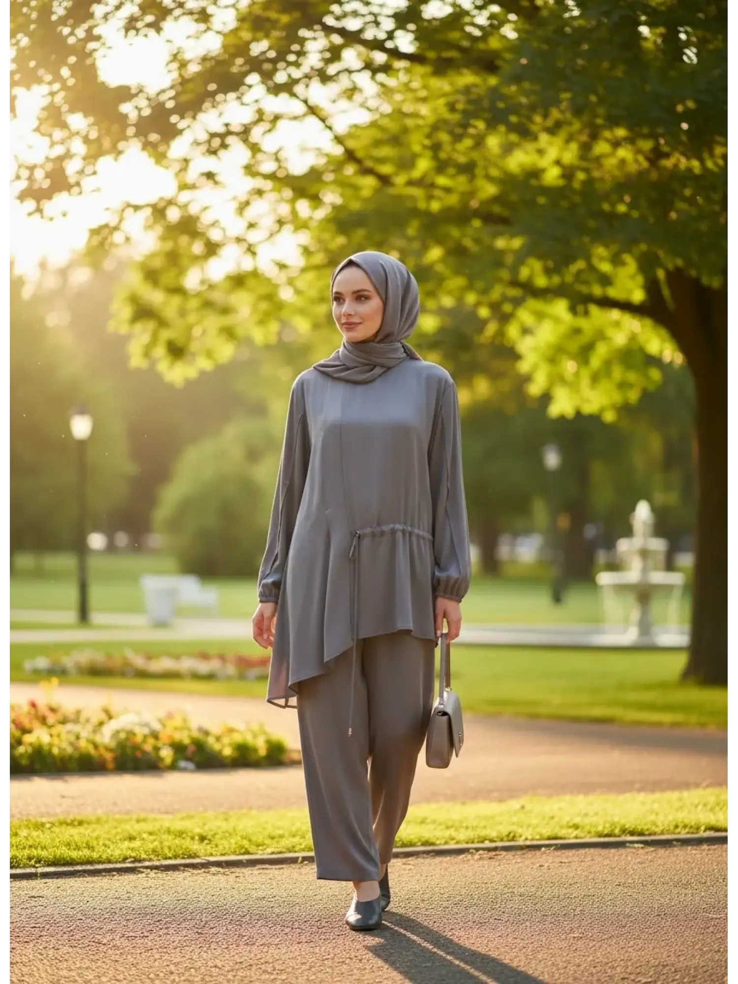 Clande Cupra İpek Asimetrik Kesim Bluz Bol Paça Pantolon Takım