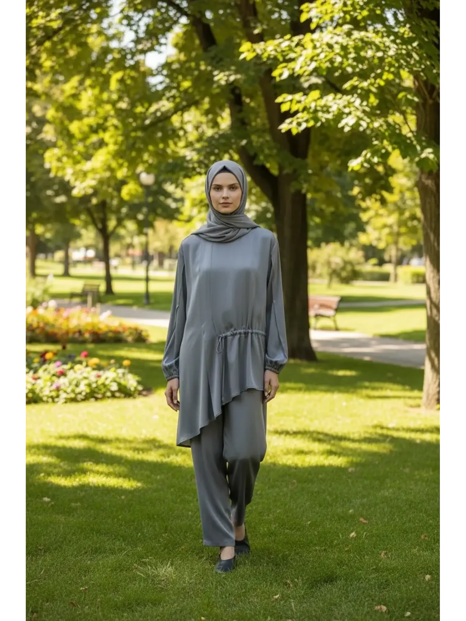 Clande Cupra İpek Asimetrik Kesim Bluz Bol Paça Pantolon Takım