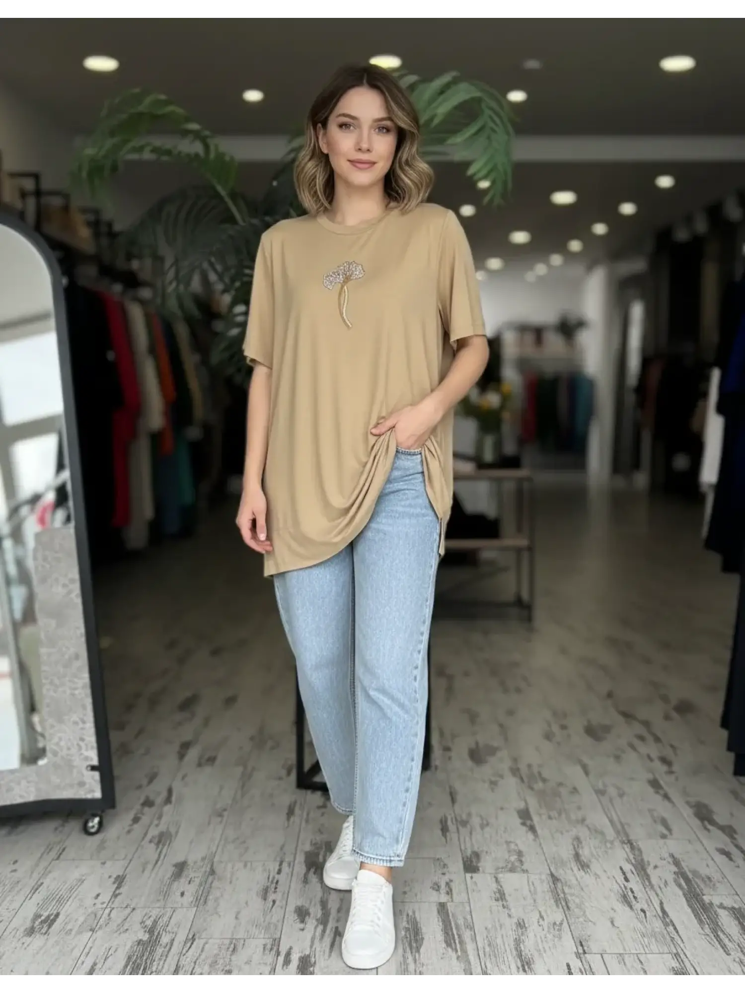 Qupra Önü Taş Detaylı Kısa Kollu Modal Penye Tshırt/Tunik WAD1410