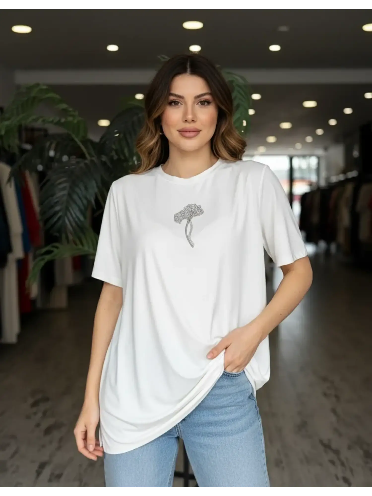 Qupra Önü Taş Detaylı Kısa Kollu Modal Penye Tshırt/Tunik WAD1410