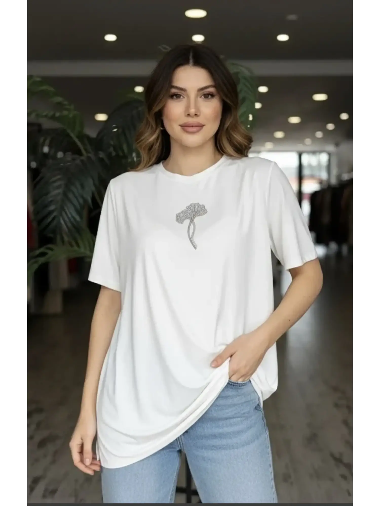 Qupra Önü Taş Detaylı Kısa Kollu Modal Penye Tshırt/Tunik WAD1410