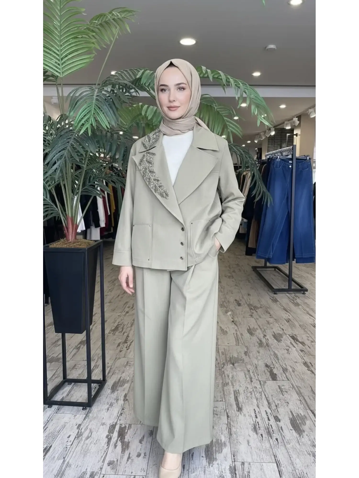 Vuu Yakası Taş Detaylı Kruvaze Ceket Pileli Pantolon Takım