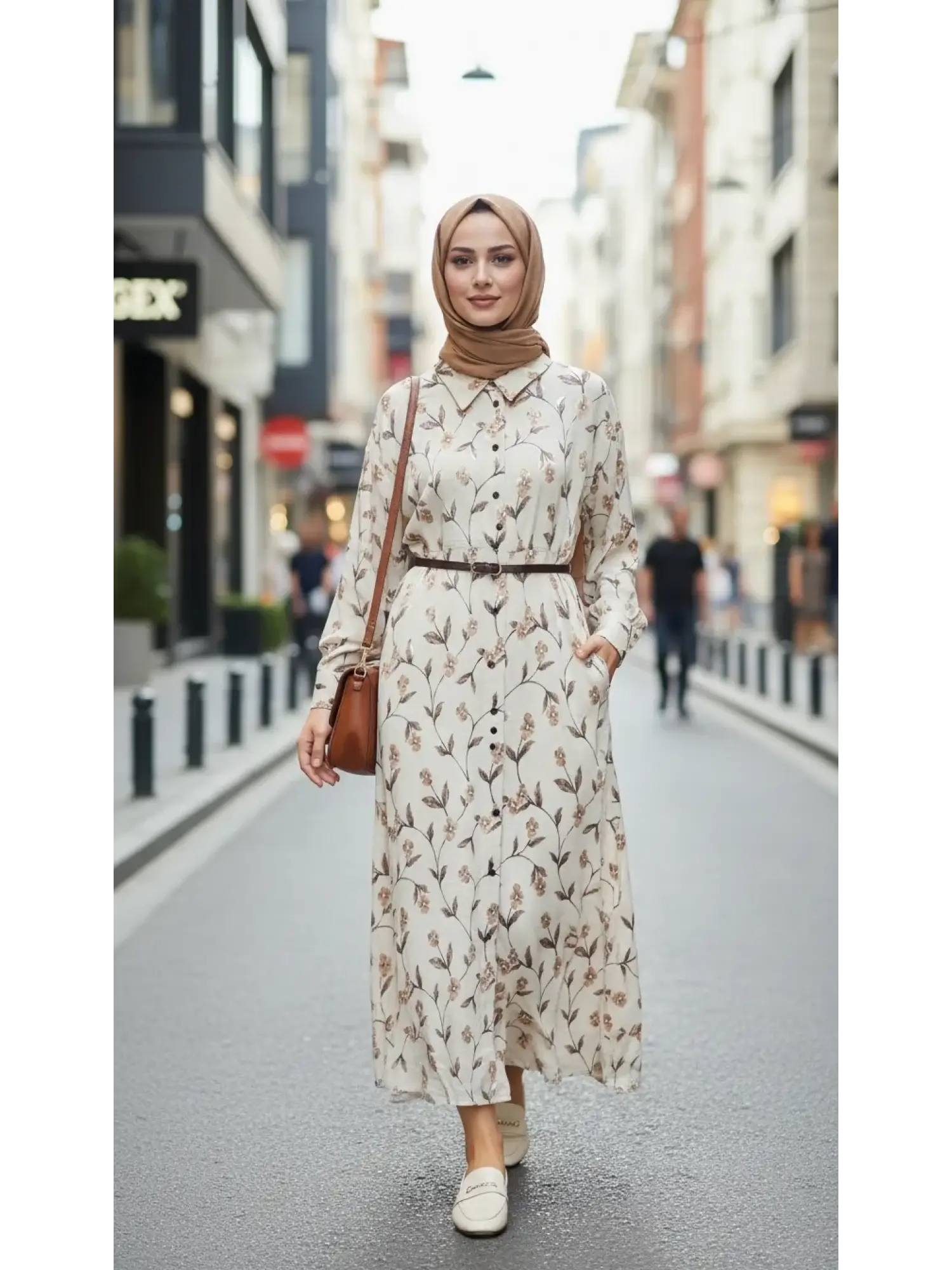 Vuu Jakarlı Çiçek Desenli Kemerli Elbise