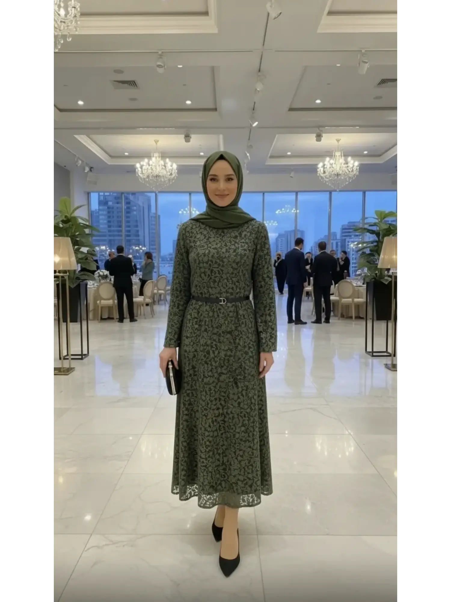 Vuu Eteği Verev Kemerli Dantel Elbise