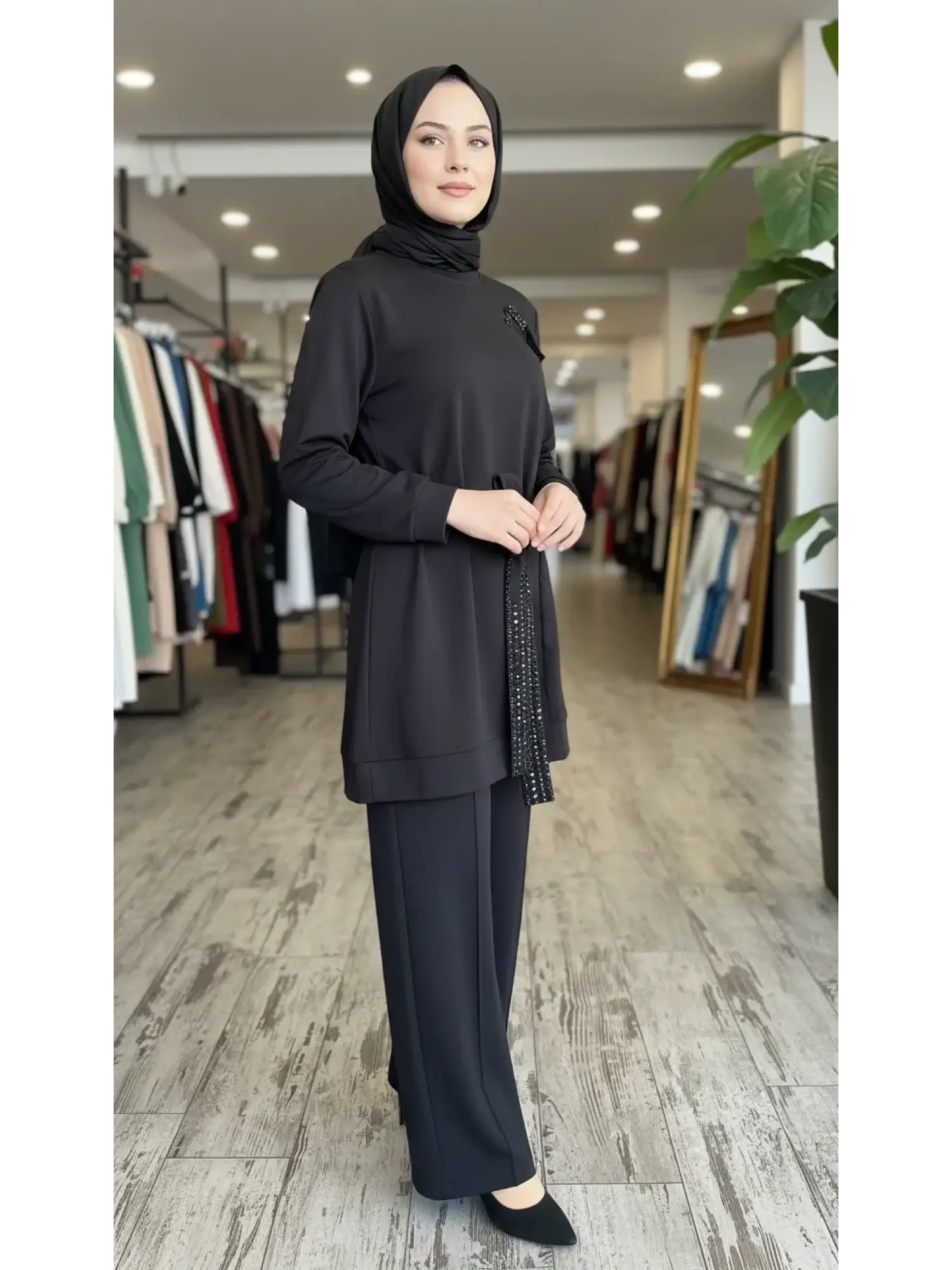 Qupra Kuşağı Boncuk Detaylı Modal Tunik Pantolon Takım WAD12126