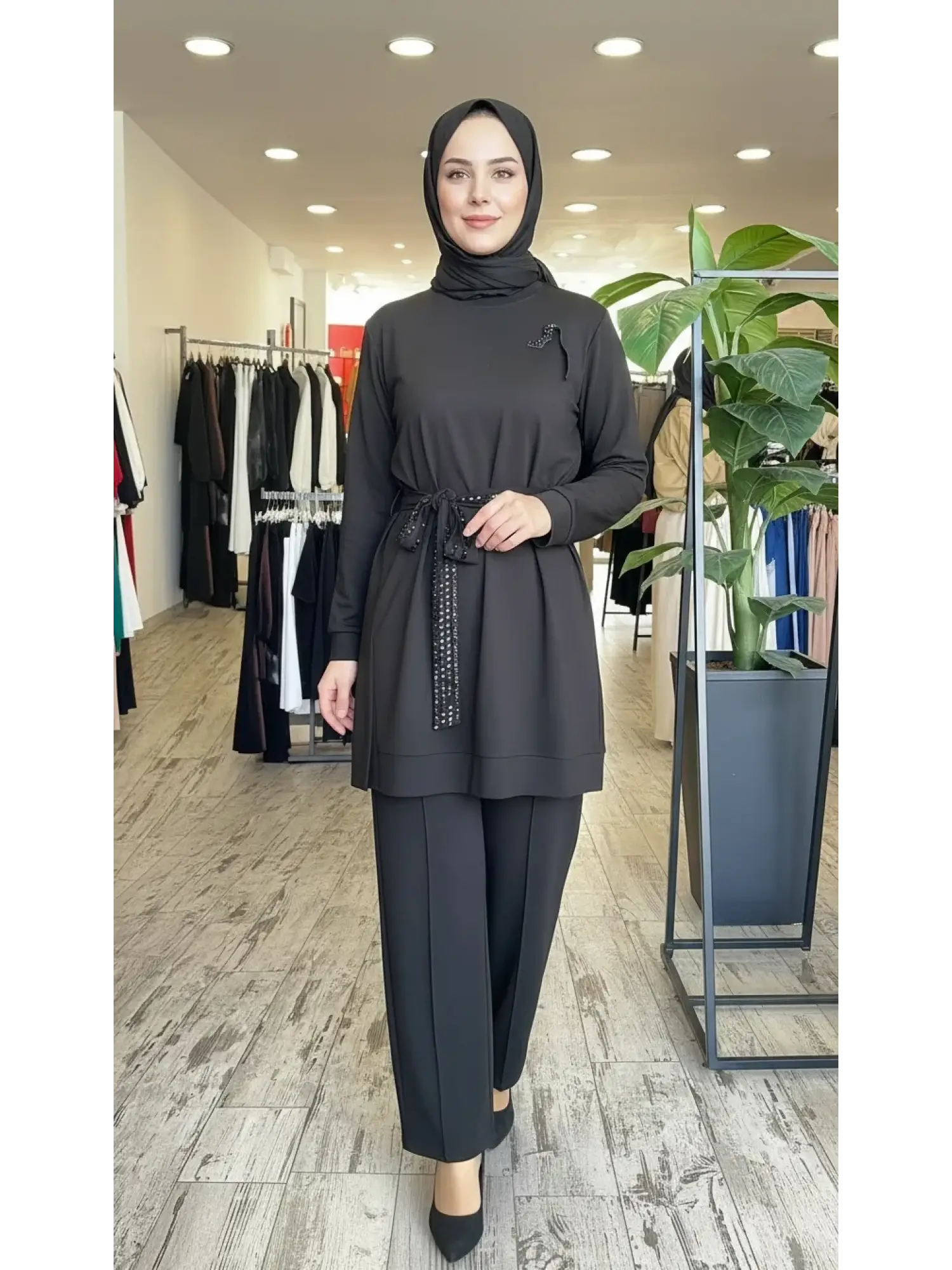 Qupra Kuşağı Boncuk Detaylı Modal Tunik Pantolon Takım WAD12126