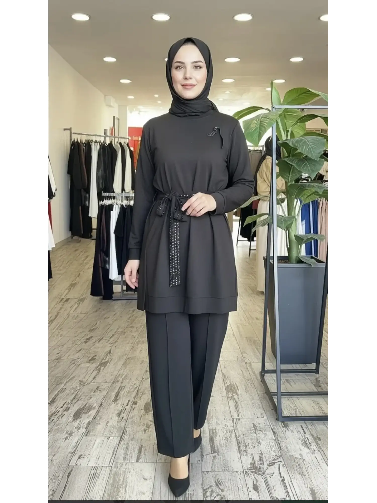 Qupra Kuşağı Boncuk Detaylı Modal Tunik Pantolon Takım WAD12126