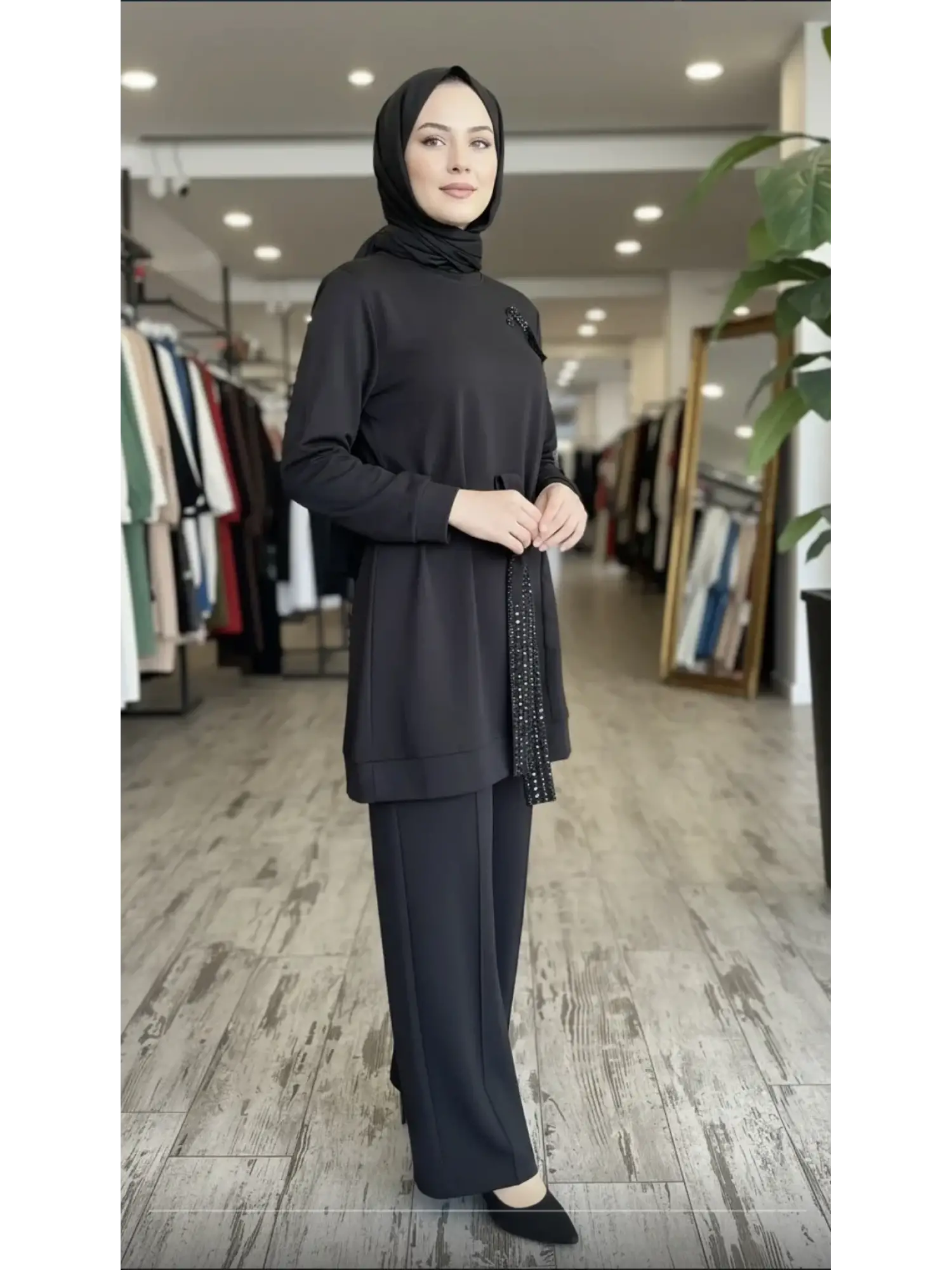 Qupra Kuşağı Boncuk Detaylı Modal Tunik Pantolon Takım WAD12126