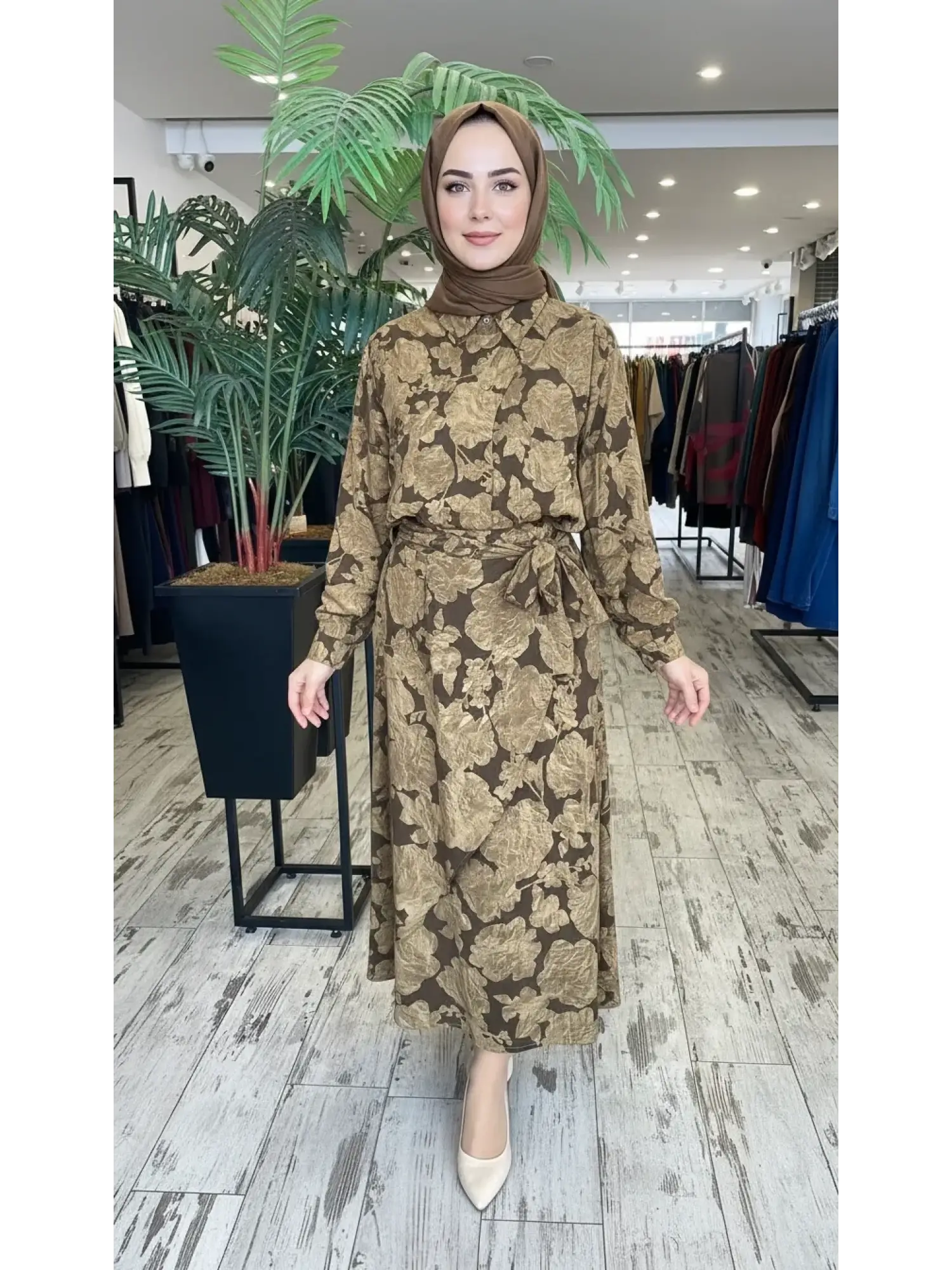 Kahma Floral Desenli Tencel Gömlek Etek Takım