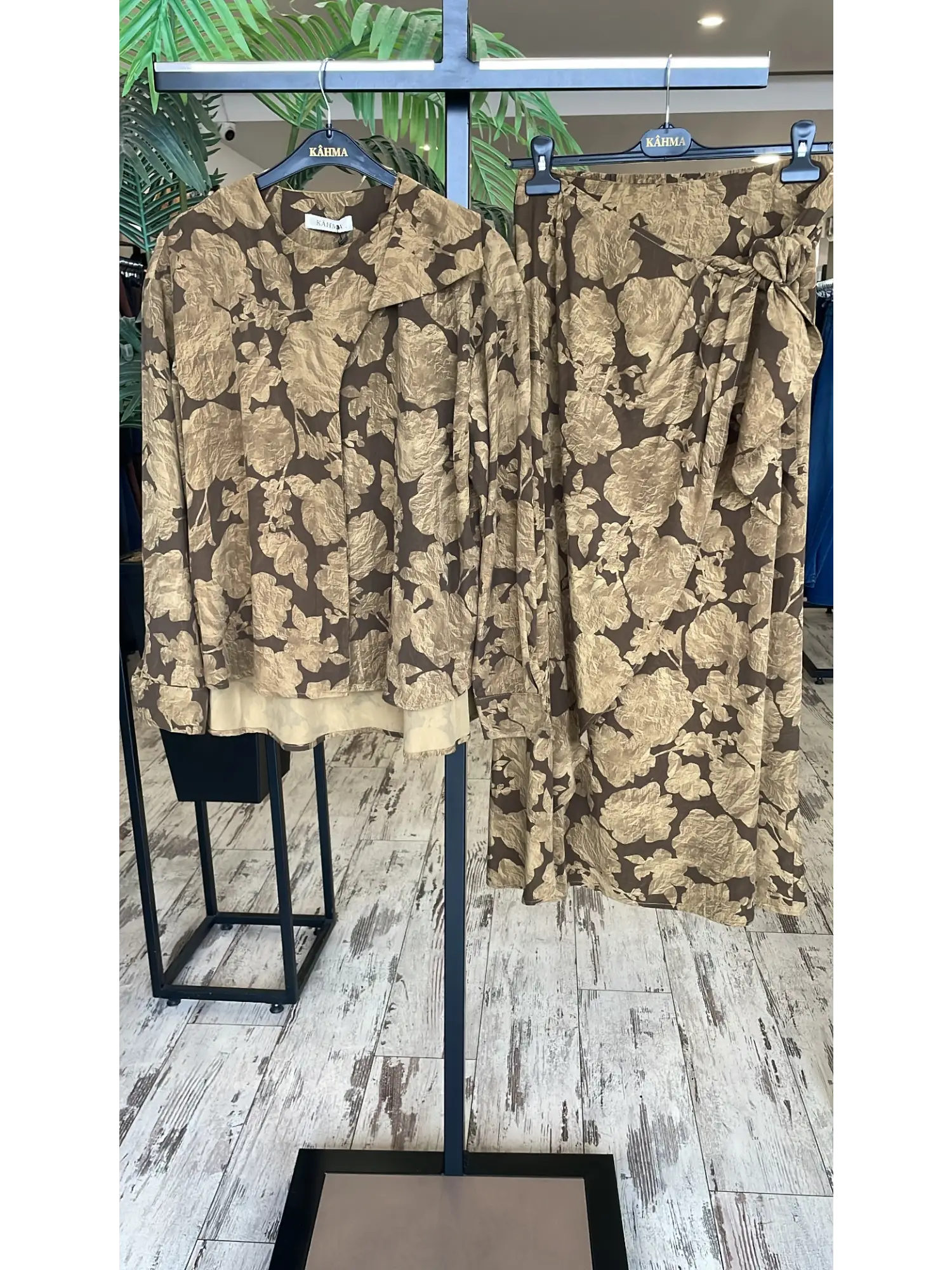 Kahma Floral Desenli Tencel Gömlek Etek Takım