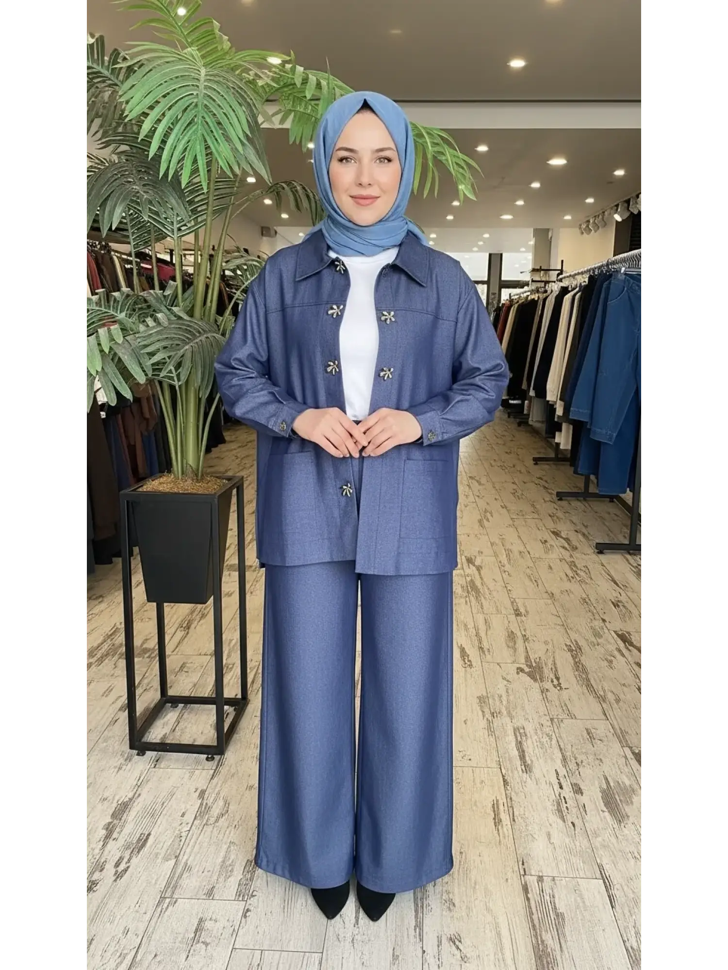 Vuu Gold Düğme Aksesuarlı Denim Ceket Kemerli Pantolon Takım