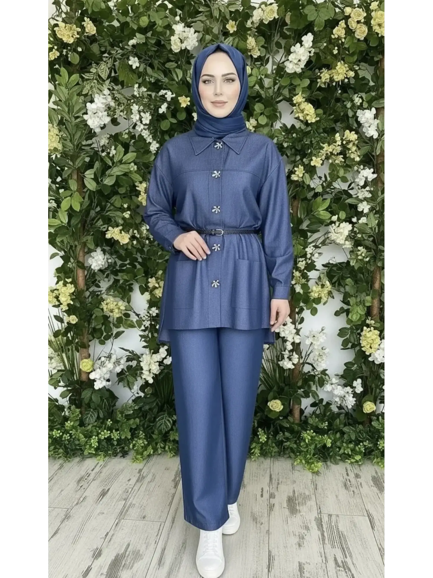 Vuu Gold Düğme Aksesuarlı Denim Ceket Kemerli Pantolon Takım