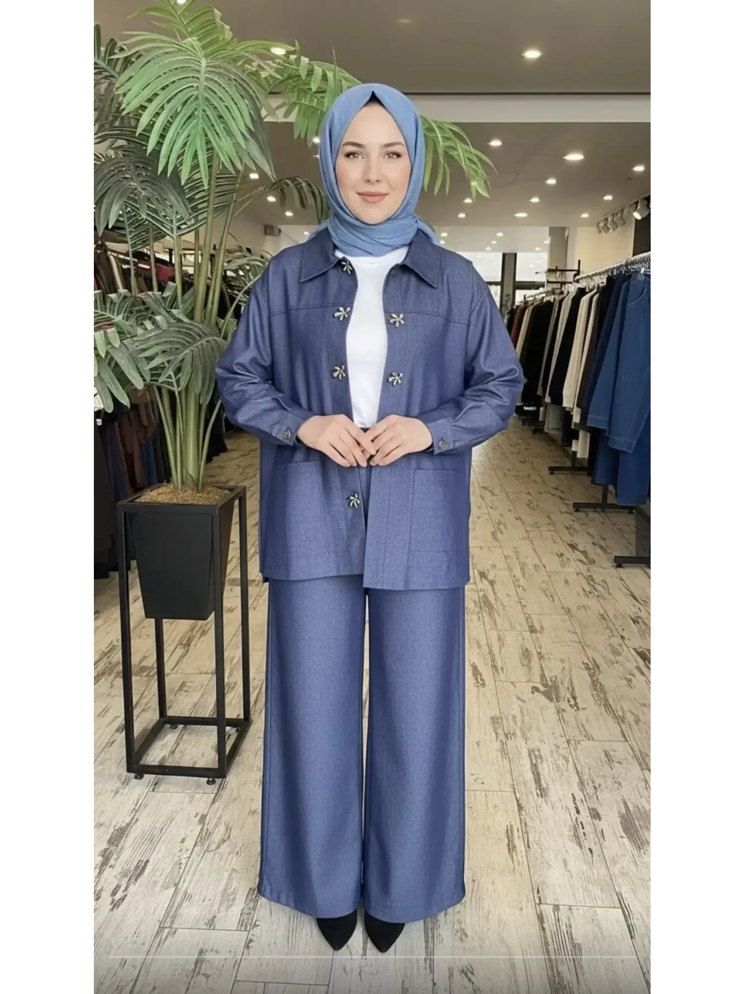 Vuu Gold Düğme Aksesuarlı Denim Ceket Kemerli Pantolon Takım