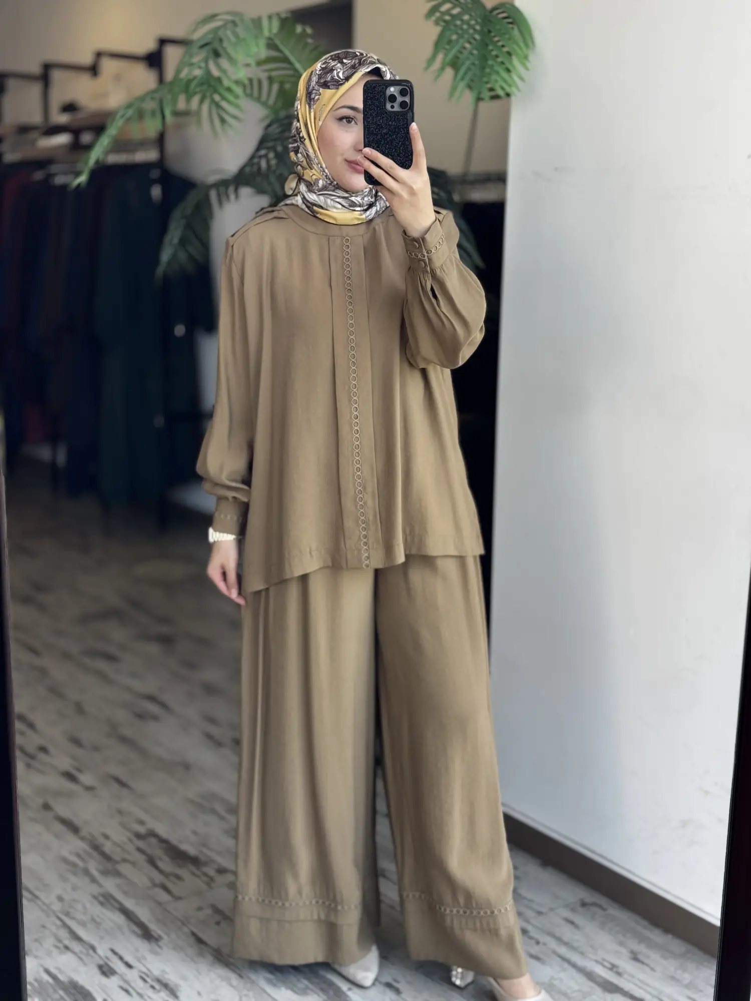 Clande Paçası ve Kolları Dokuma Detaylı Tunik Pantolon Takım