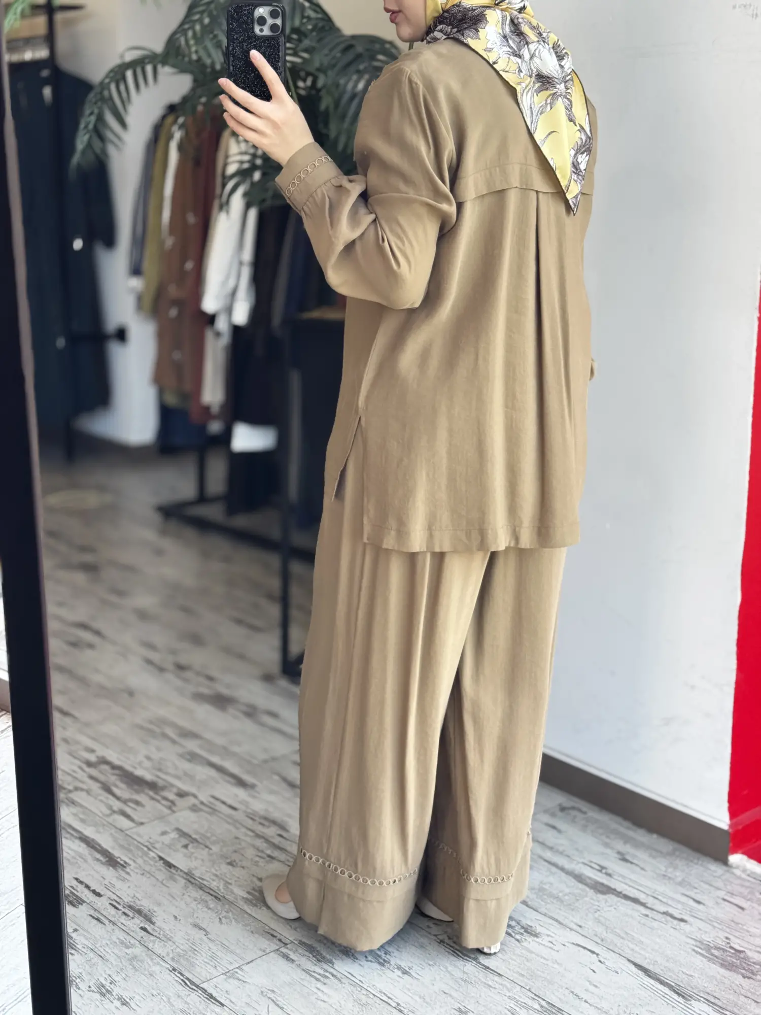 Clande Paçası ve Kolları Dokuma Detaylı Tunik Pantolon Takım