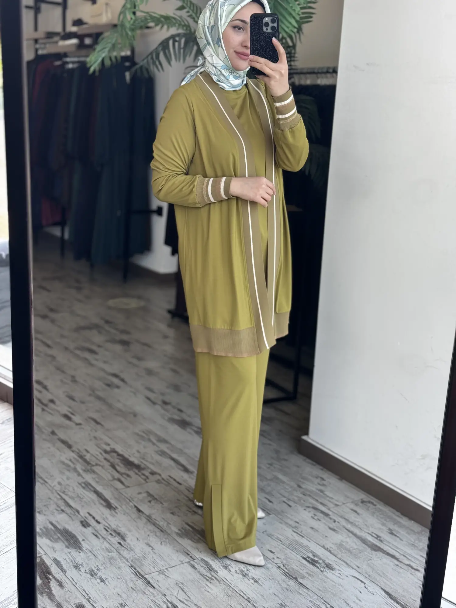 Tığ Triko Çizgili Ribana Detaylı 3 lü Tunik Kap Pantolon Takım TKM5112