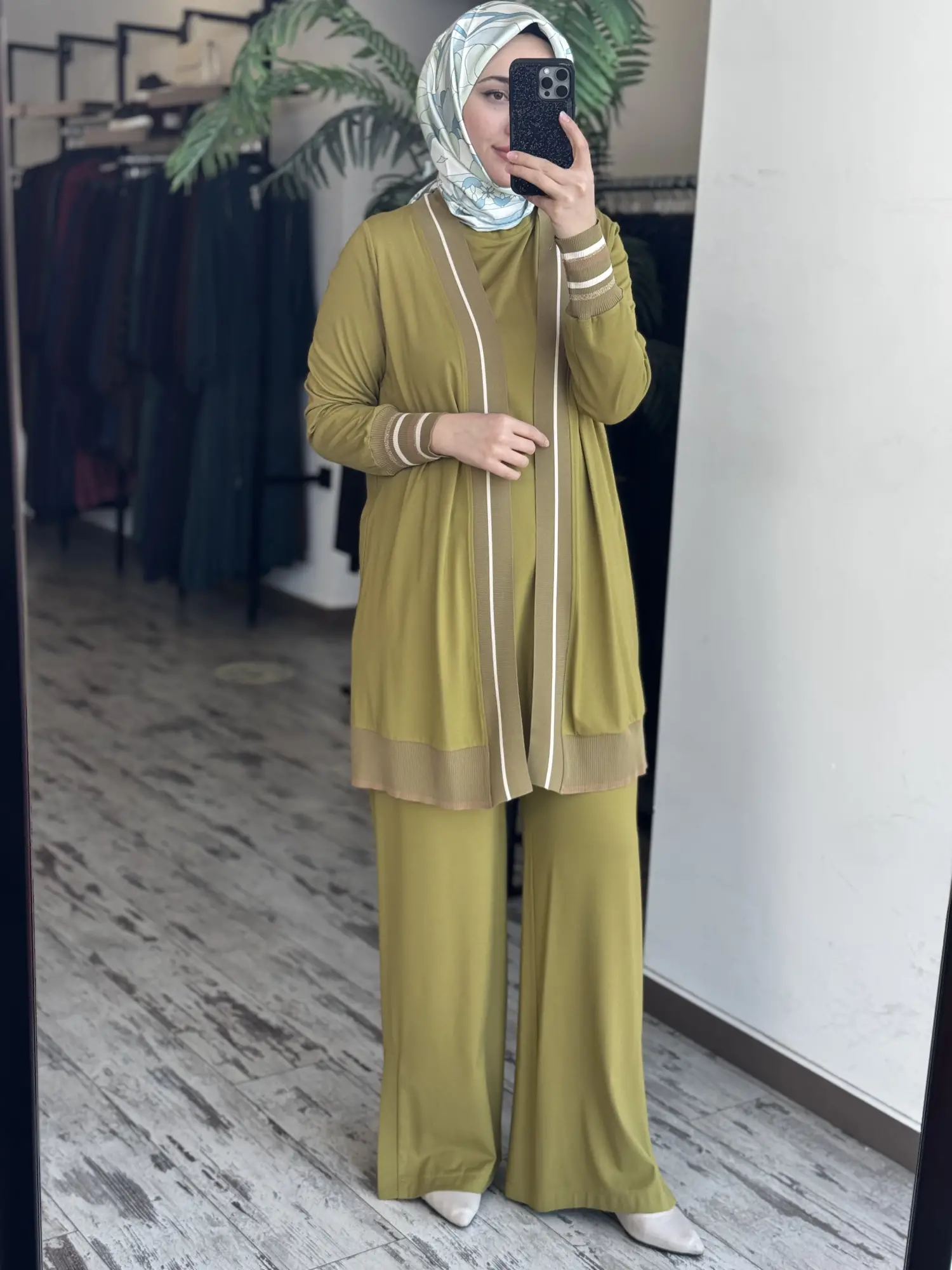 Tığ Triko Çizgili Ribana Detaylı 3 lü Tunik Kap Pantolon Takım TKM5112