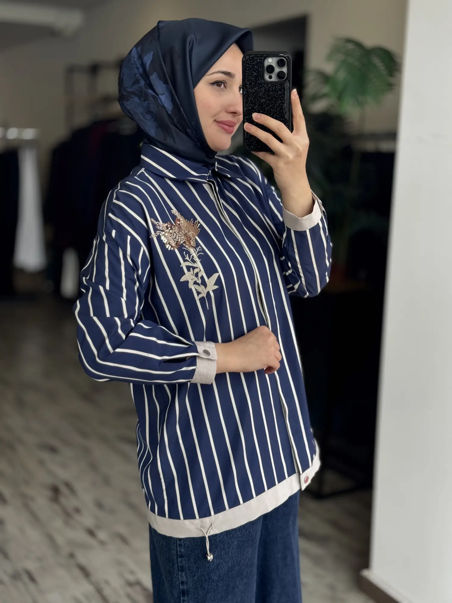 Tığ Triko Boncuklu Nakış Detaylı Çizgili Gömlek GML4018