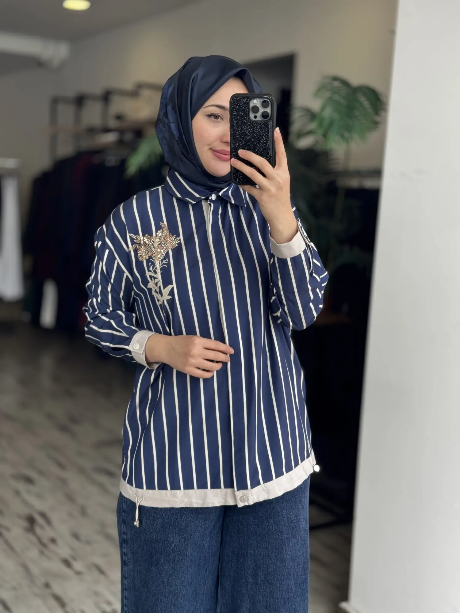 Tığ Triko Boncuklu Nakış Detaylı Çizgili Gömlek GML4018