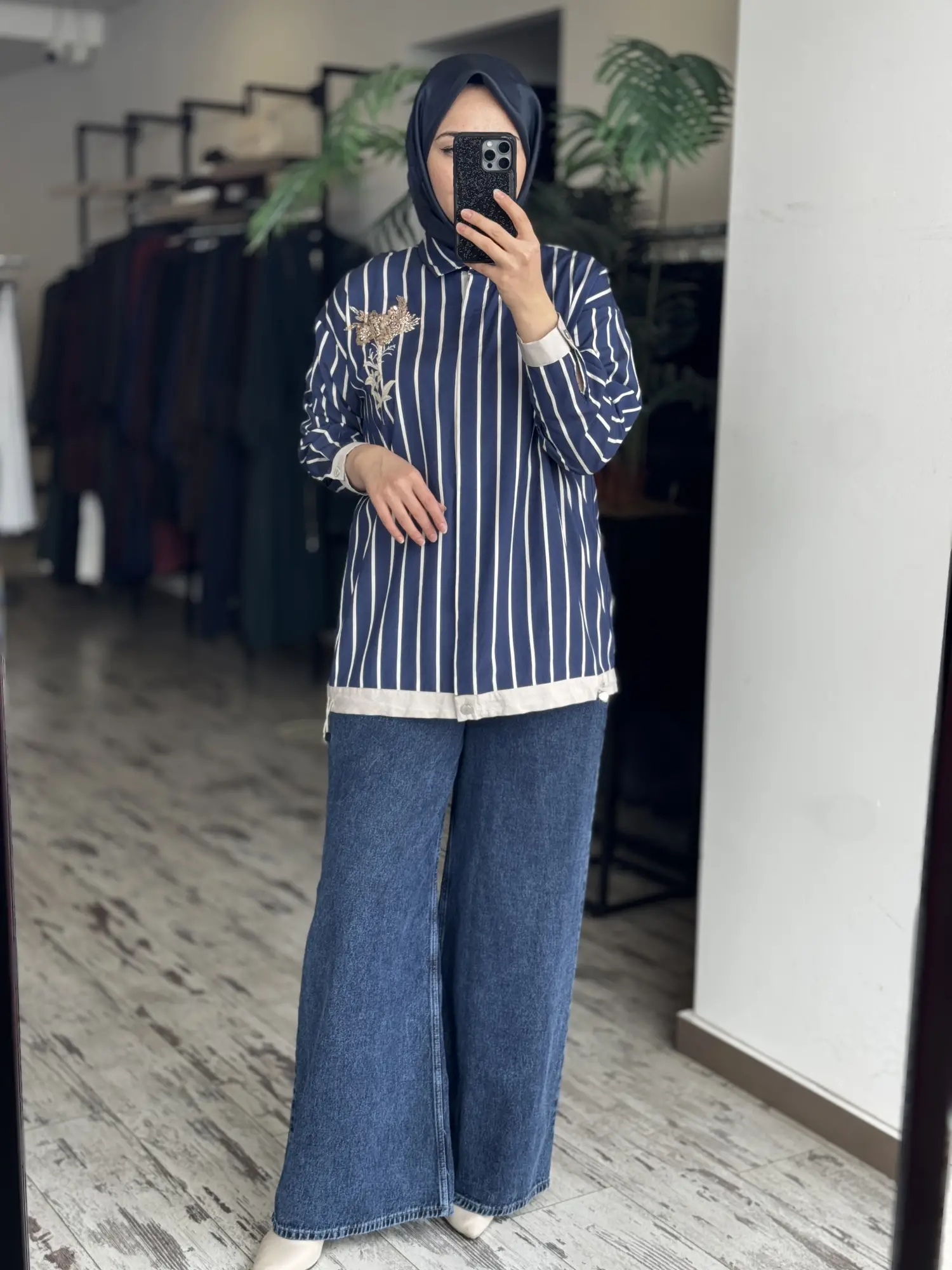 Tığ Triko Boncuklu Nakış Detaylı Çizgili Gömlek GML4018