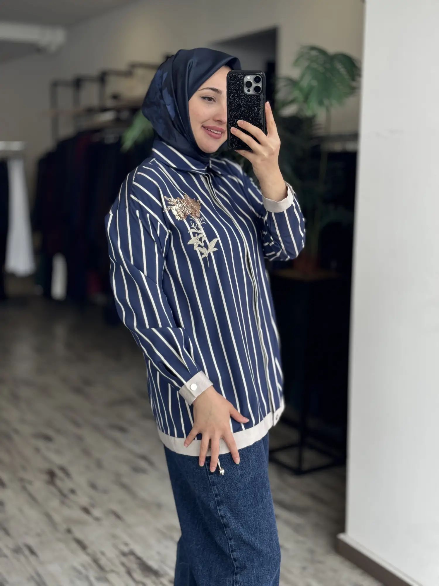 Tığ Triko Boncuklu Nakış Detaylı Çizgili Gömlek GML4018