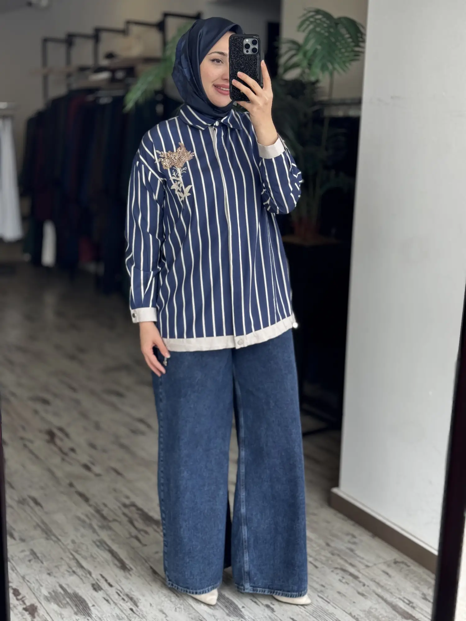 Tığ Triko Boncuklu Nakış Detaylı Çizgili Gömlek GML4018