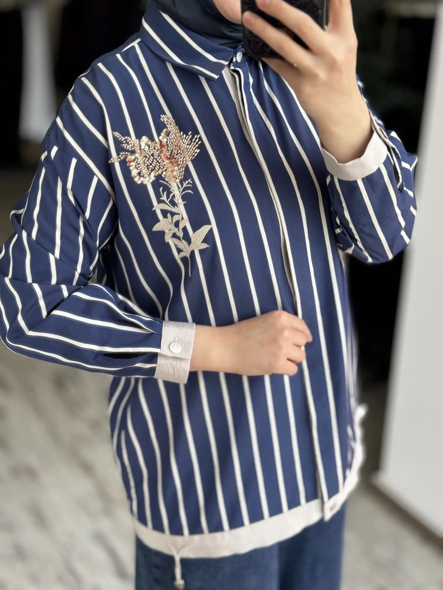 Tığ Triko Boncuklu Nakış Detaylı Çizgili Gömlek GML4018