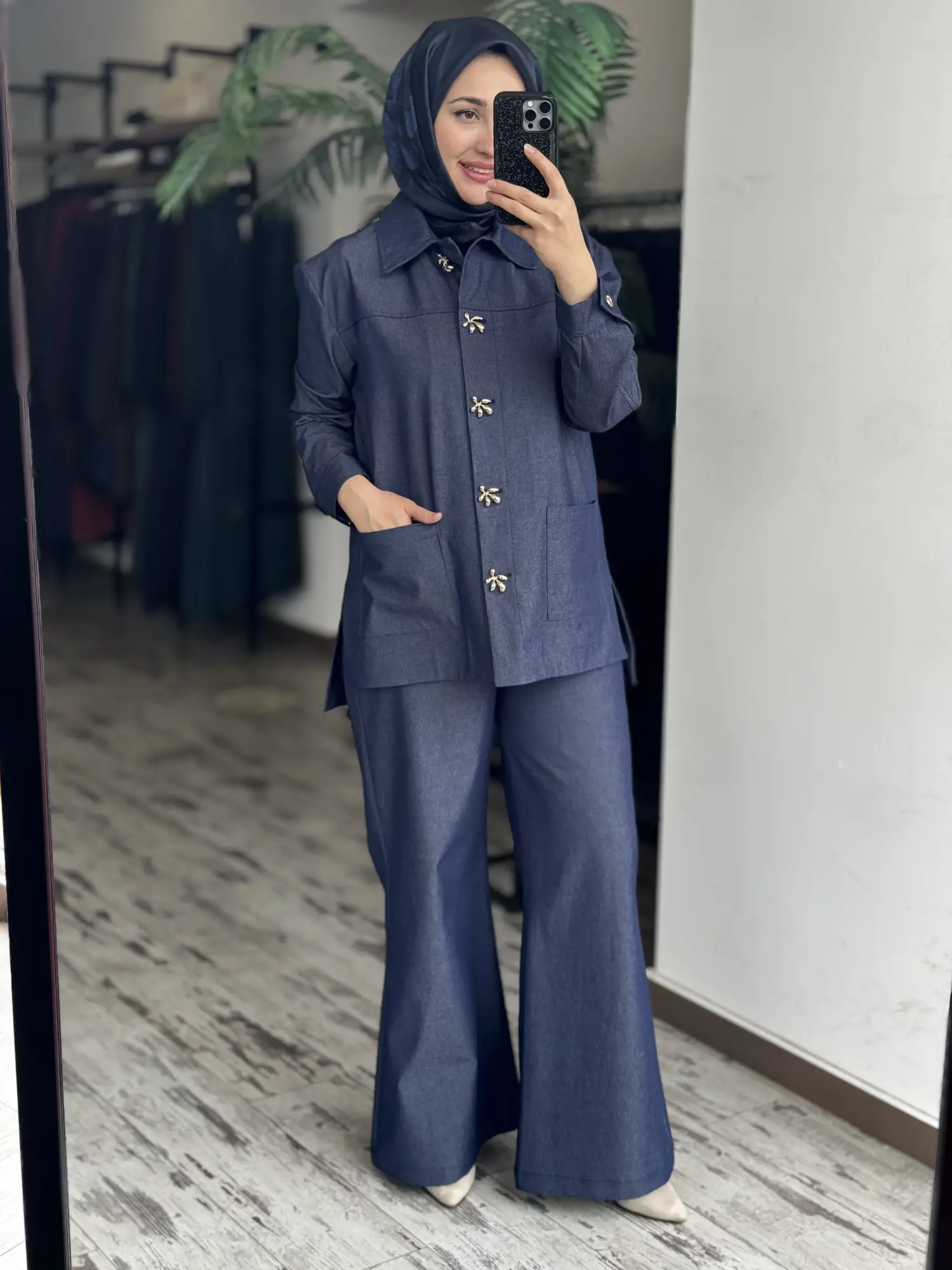 Vuu Gold Düğme Aksesuarlı Denim Ceket Kemerli Pantolon Takım