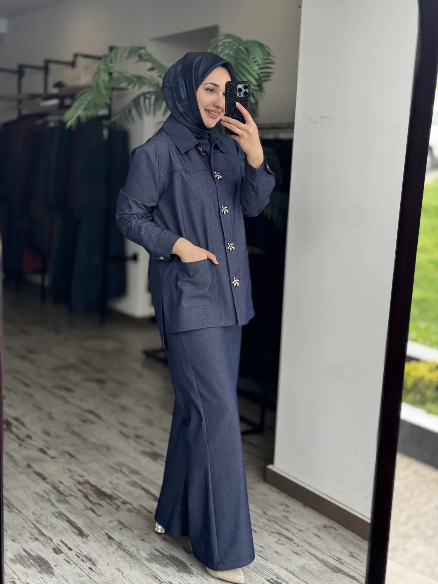 Vuu Gold Düğme Aksesuarlı Denim Ceket Kemerli Pantolon Takım