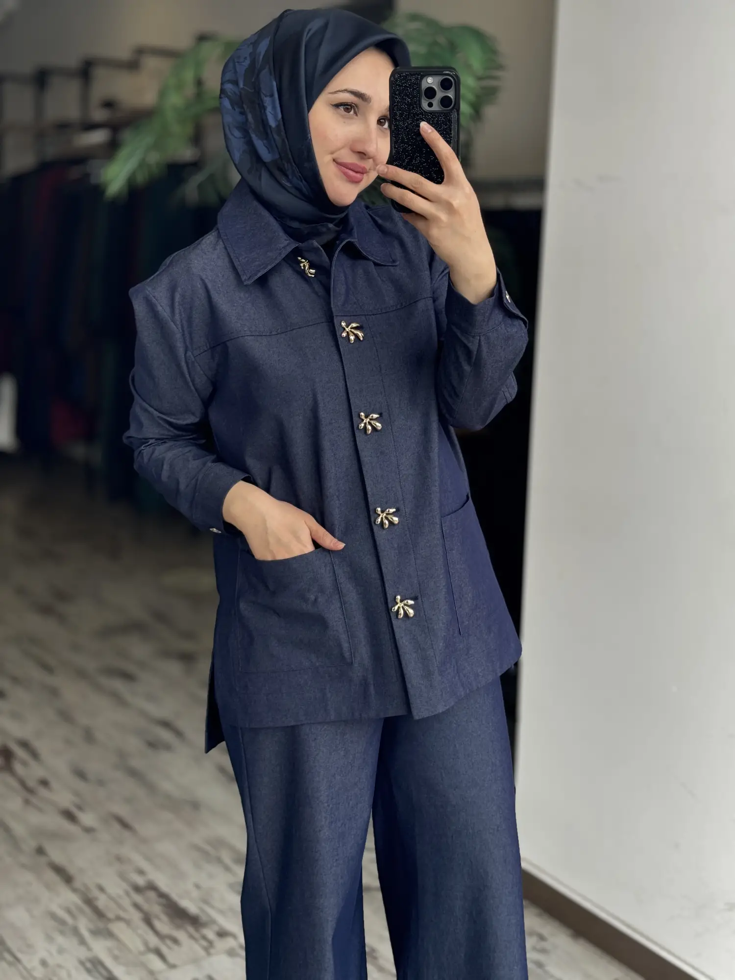 Vuu Gold Düğme Aksesuarlı Denim Ceket Kemerli Pantolon Takım