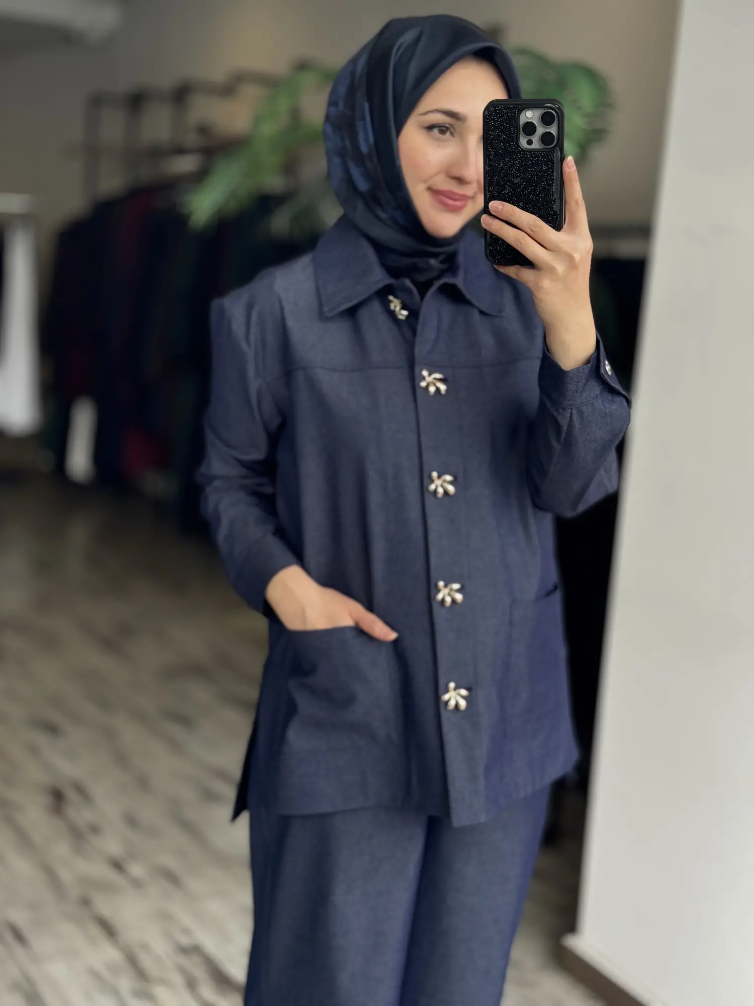 Vuu Gold Düğme Aksesuarlı Denim Ceket Kemerli Pantolon Takım