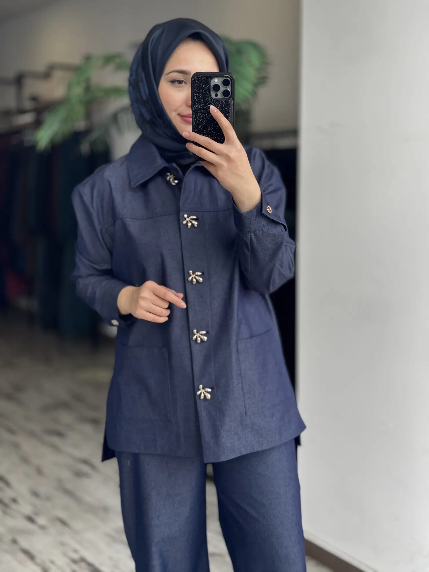 Vuu Gold Düğme Aksesuarlı Denim Ceket Kemerli Pantolon Takım