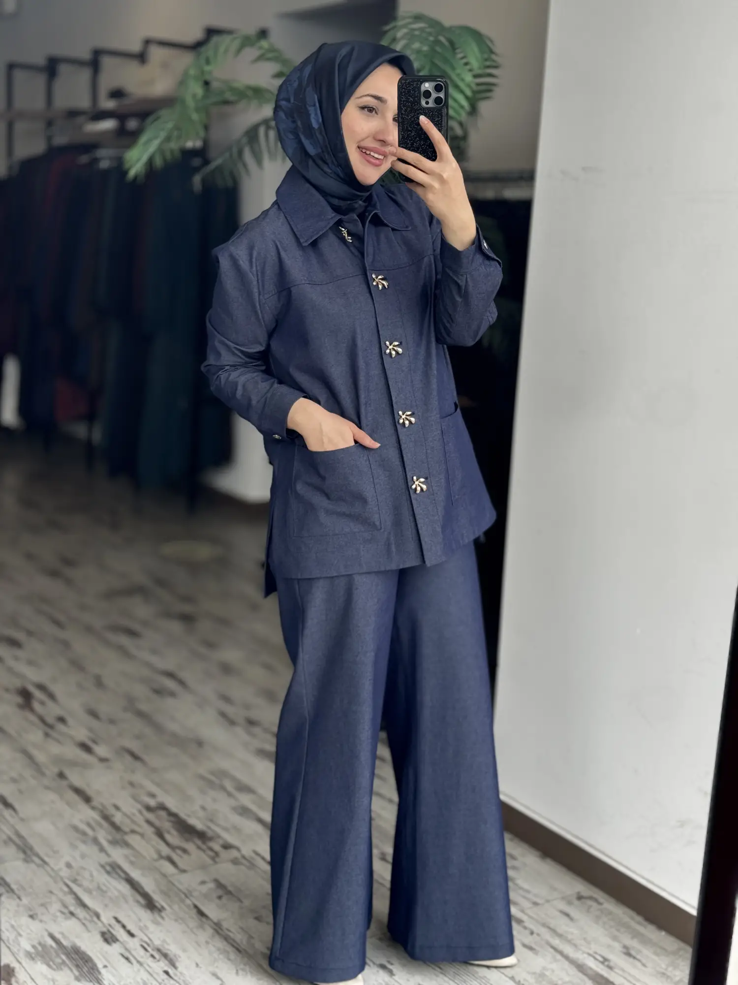 Vuu Gold Düğme Aksesuarlı Denim Ceket Kemerli Pantolon Takım