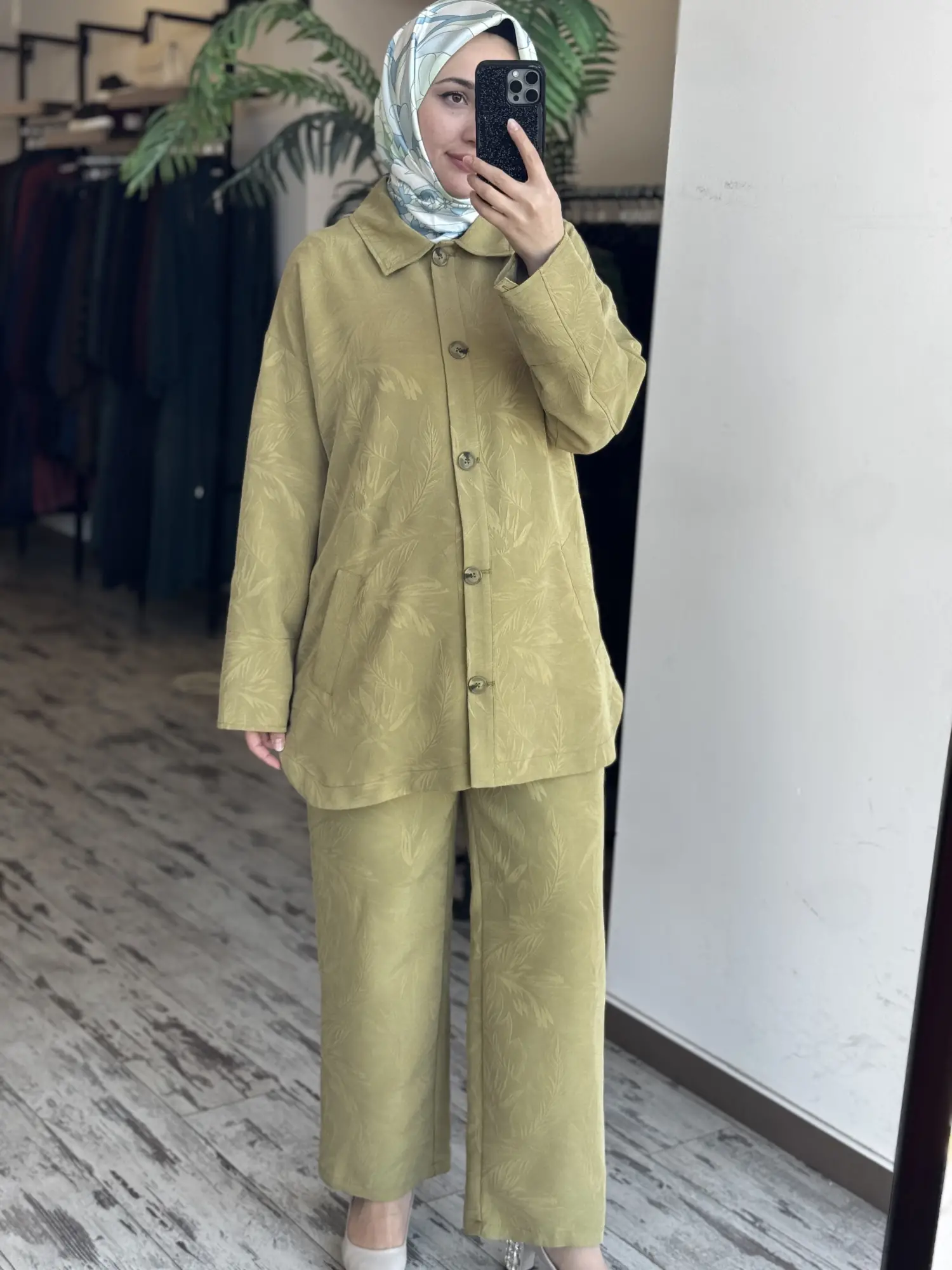 Kayra Kendinden Desenli Tencel Kap Pantolon Takım KA16063