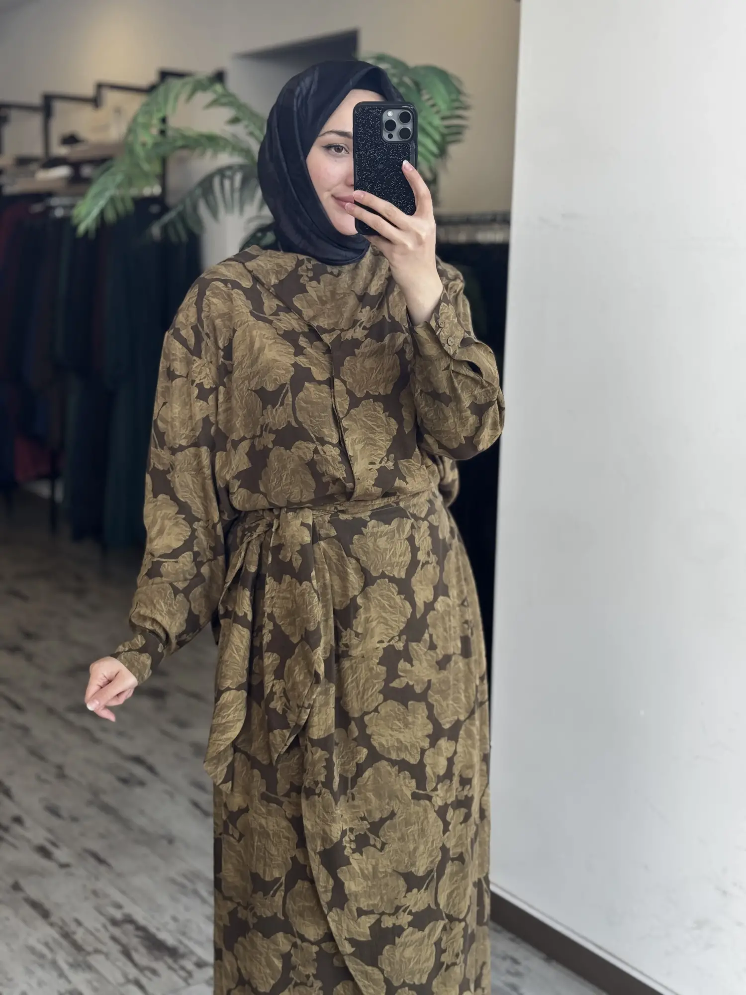 Kahma Floral Desenli Tencel Gömlek Etek Takım