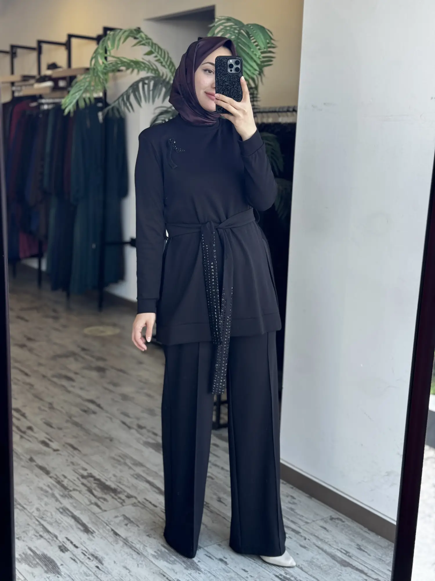 Qupra Kuşağı Boncuk Detaylı Modal Tunik Pantolon Takım WAD12126