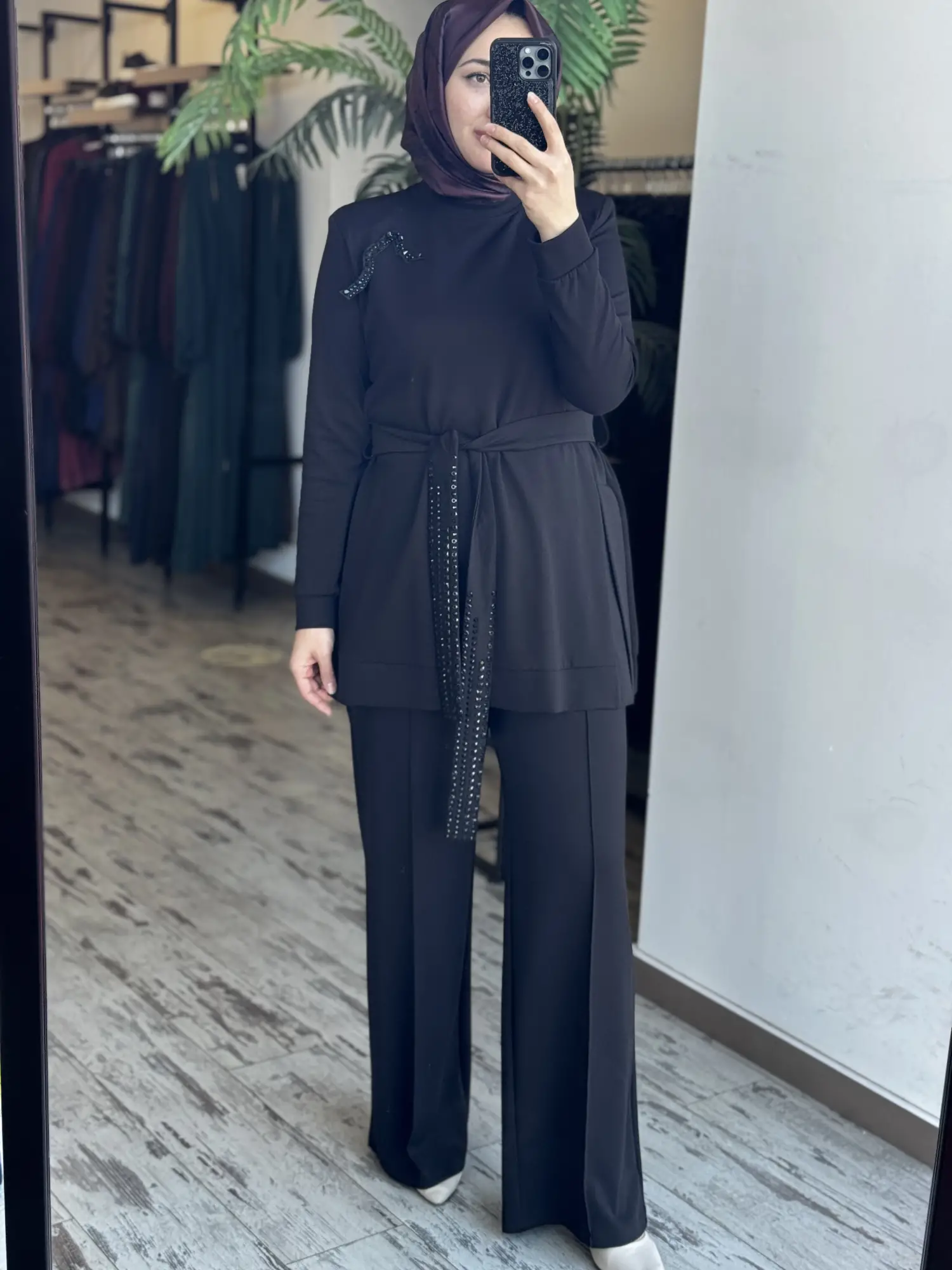Qupra Kuşağı Boncuk Detaylı Modal Tunik Pantolon Takım WAD12126