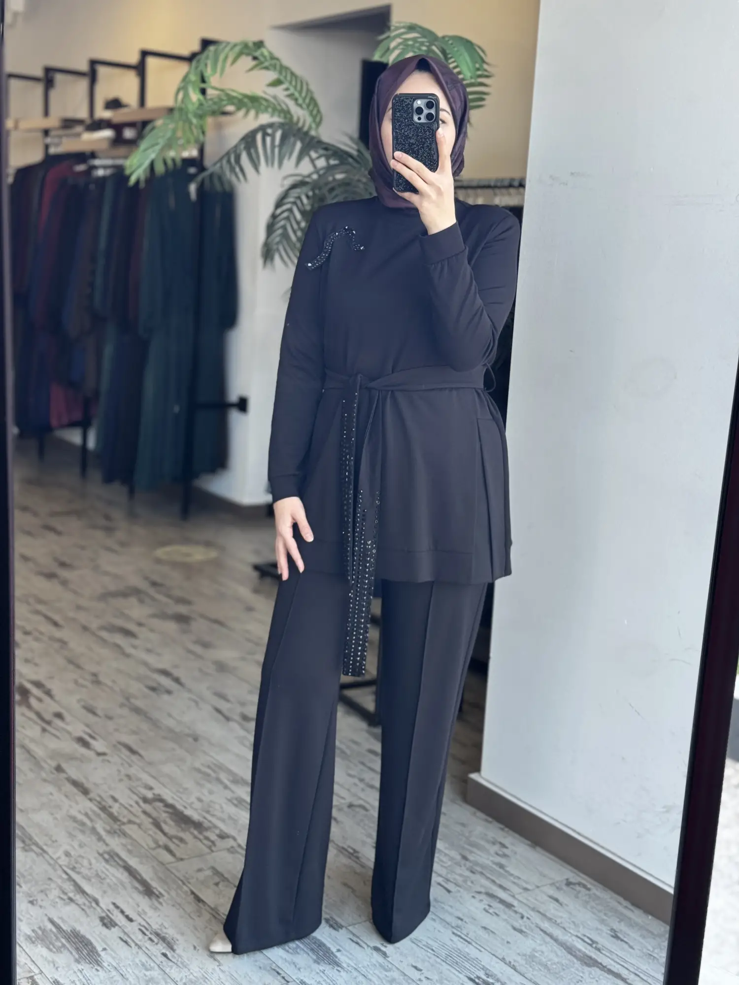 Qupra Kuşağı Boncuk Detaylı Modal Tunik Pantolon Takım WAD12126