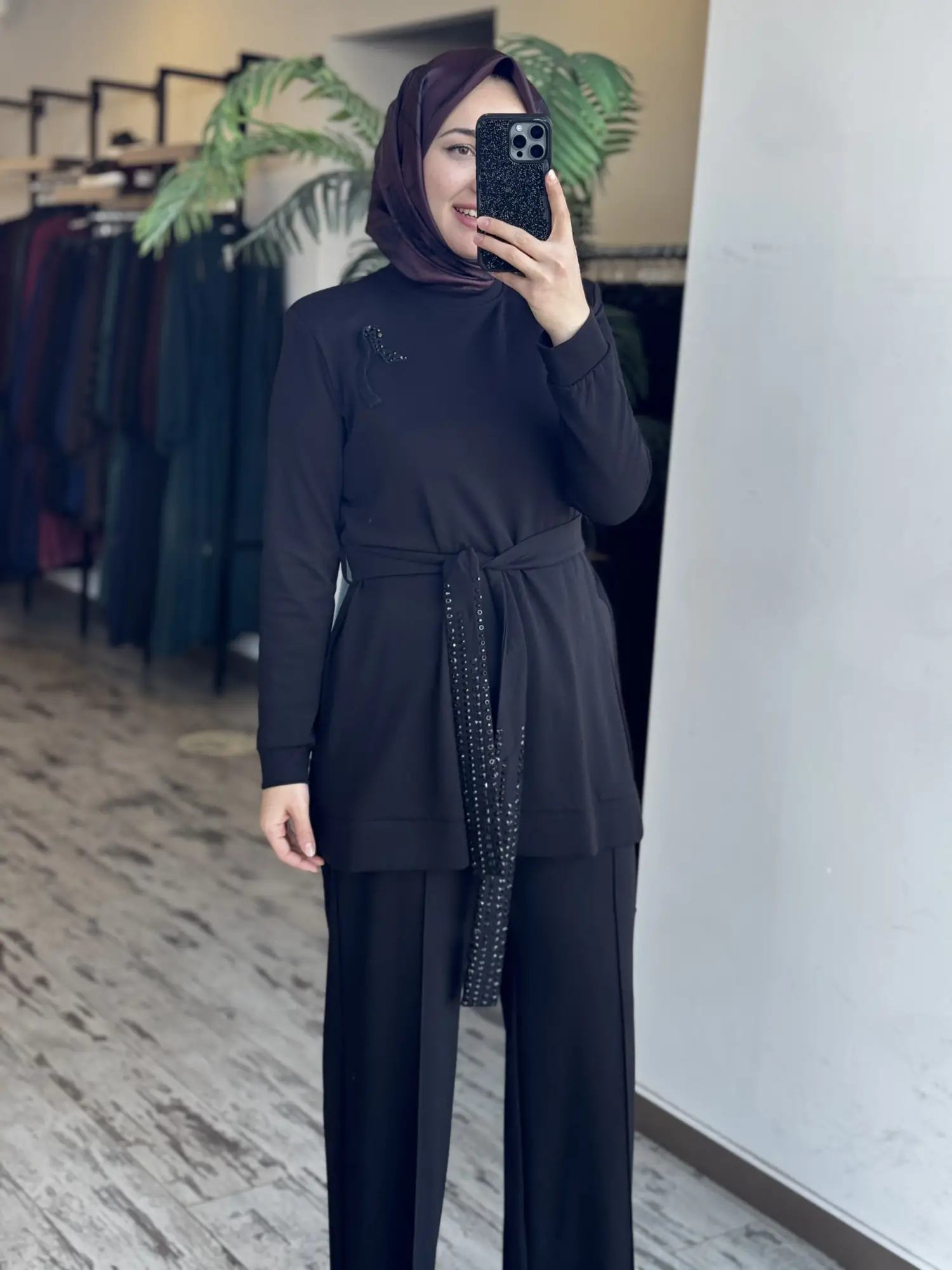 Qupra Kuşağı Boncuk Detaylı Modal Tunik Pantolon Takım WAD12126