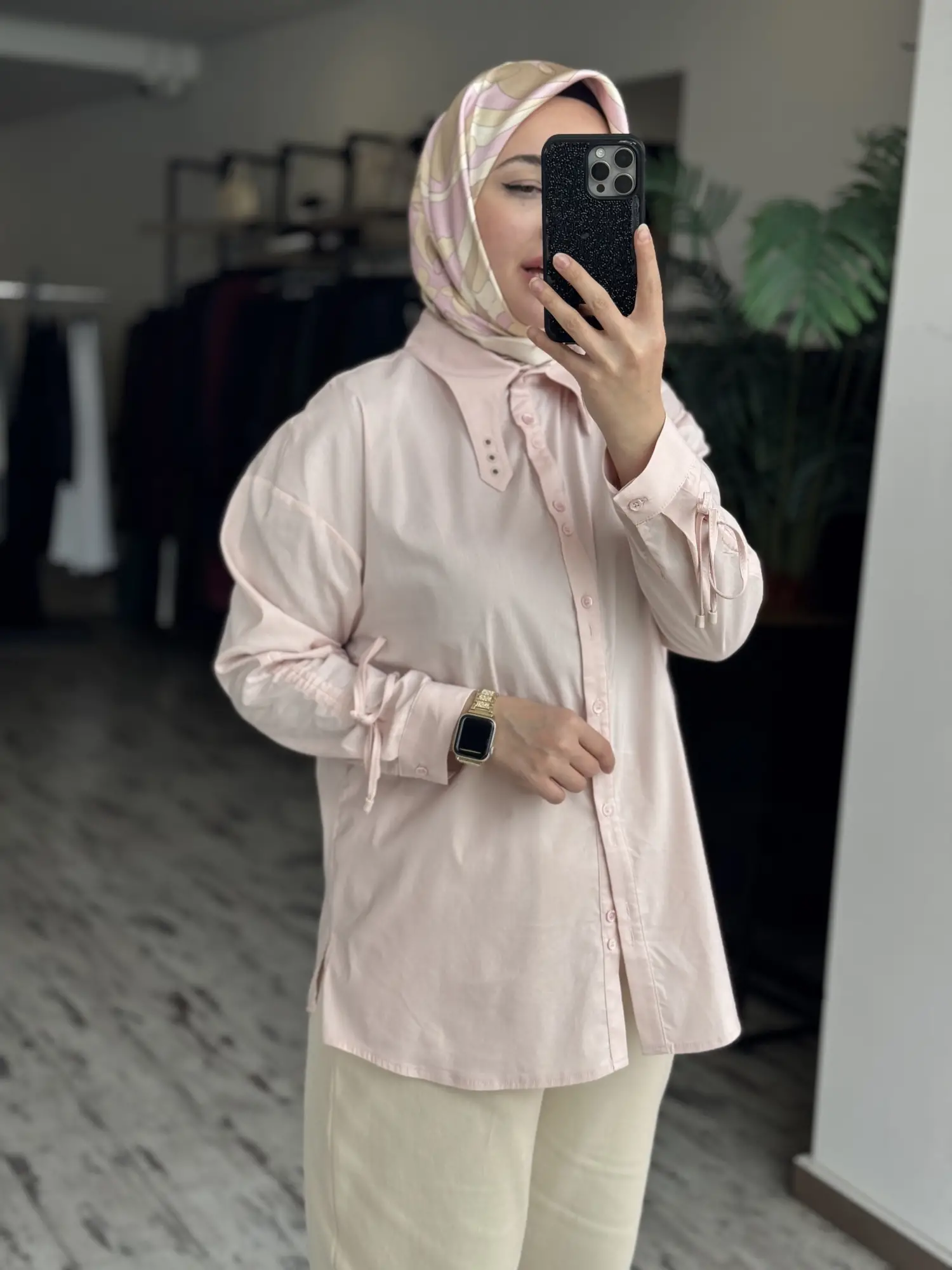 Tığ Triko Kuşgözü ve Büzgü Detaylı Poplin Gömlek GML4043