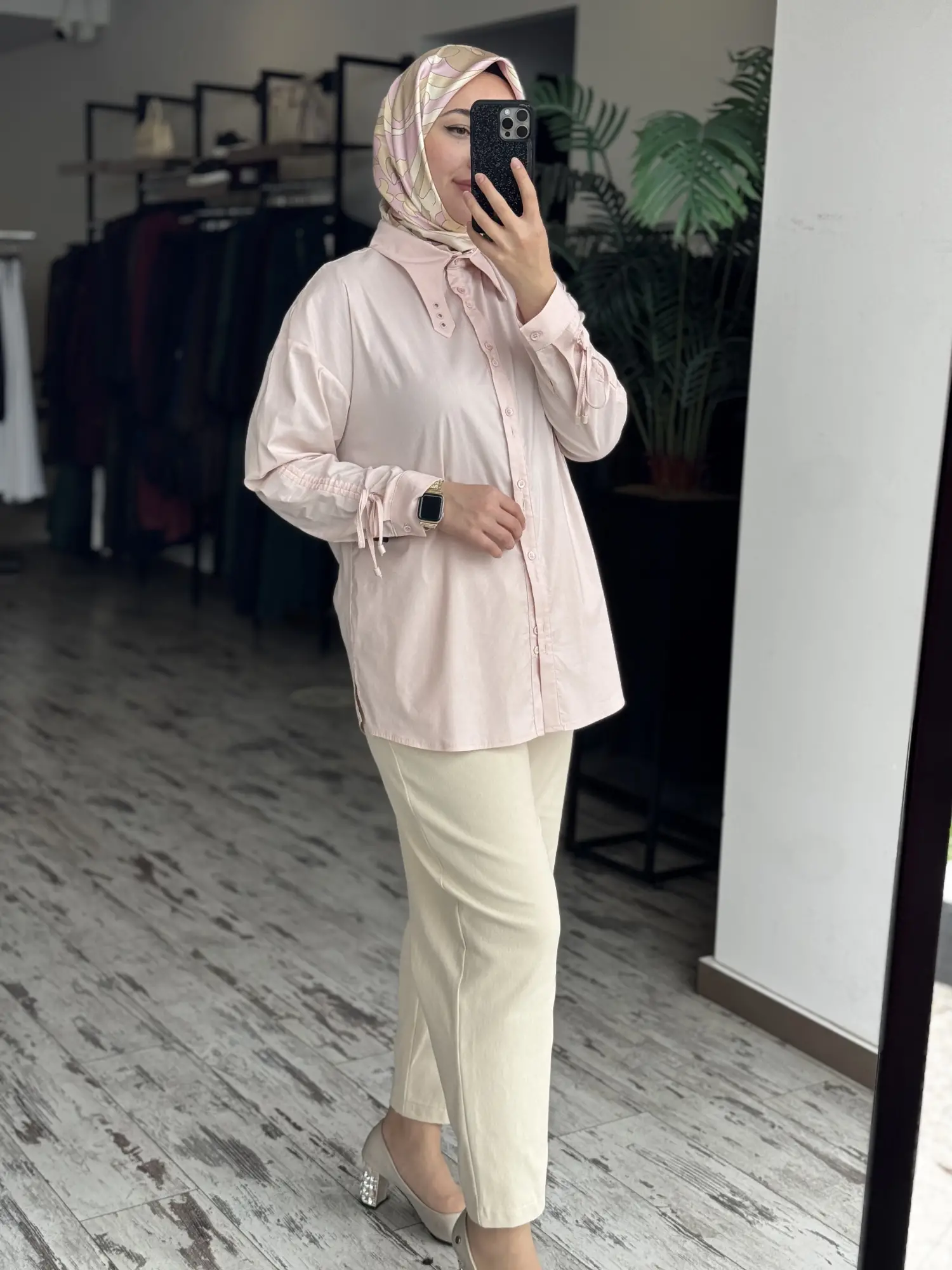 Tığ Triko Kuşgözü ve Büzgü Detaylı Poplin Gömlek GML4043