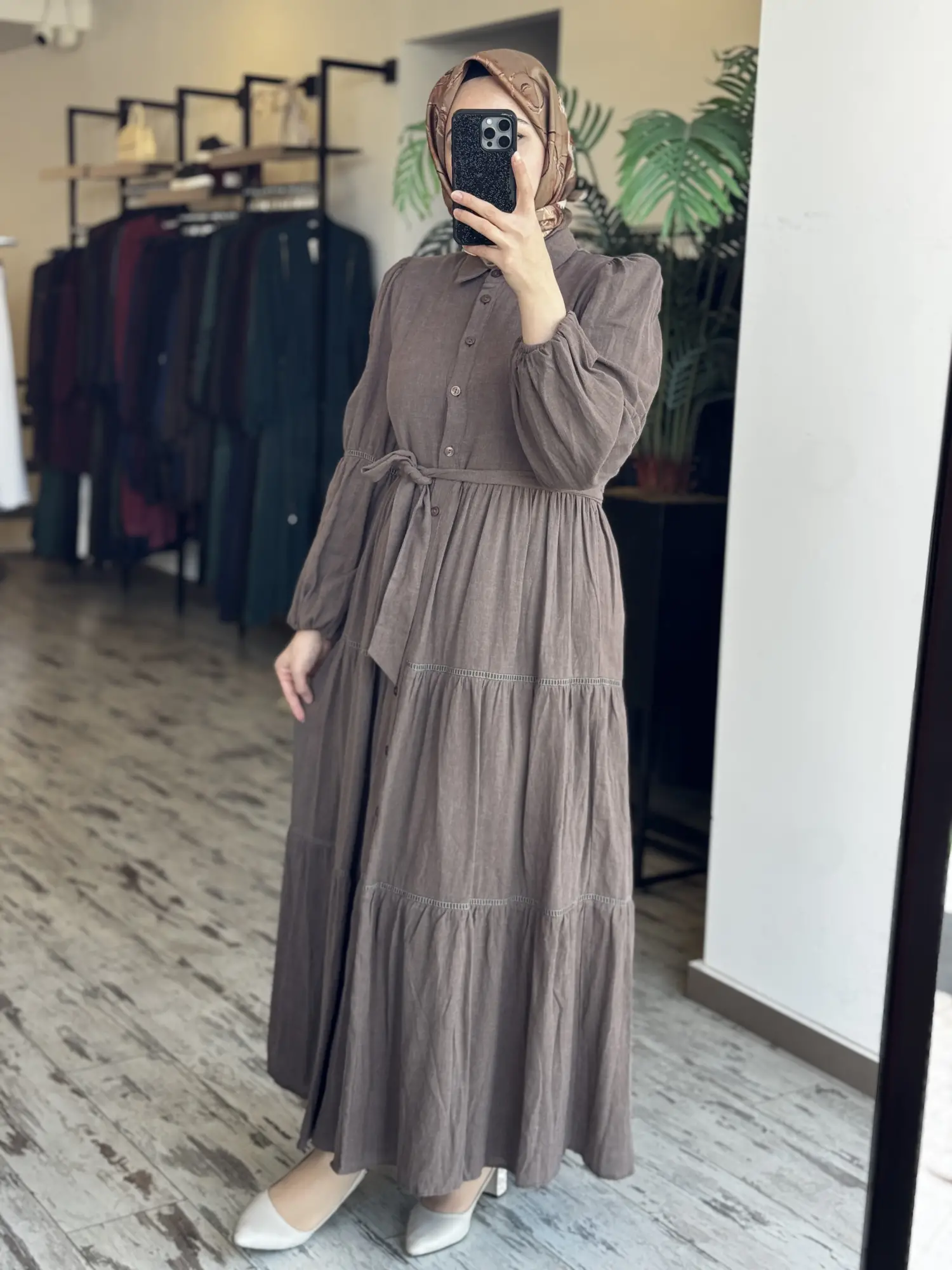 Almarwah Boydan Düğmeli Keten Elbise 303897