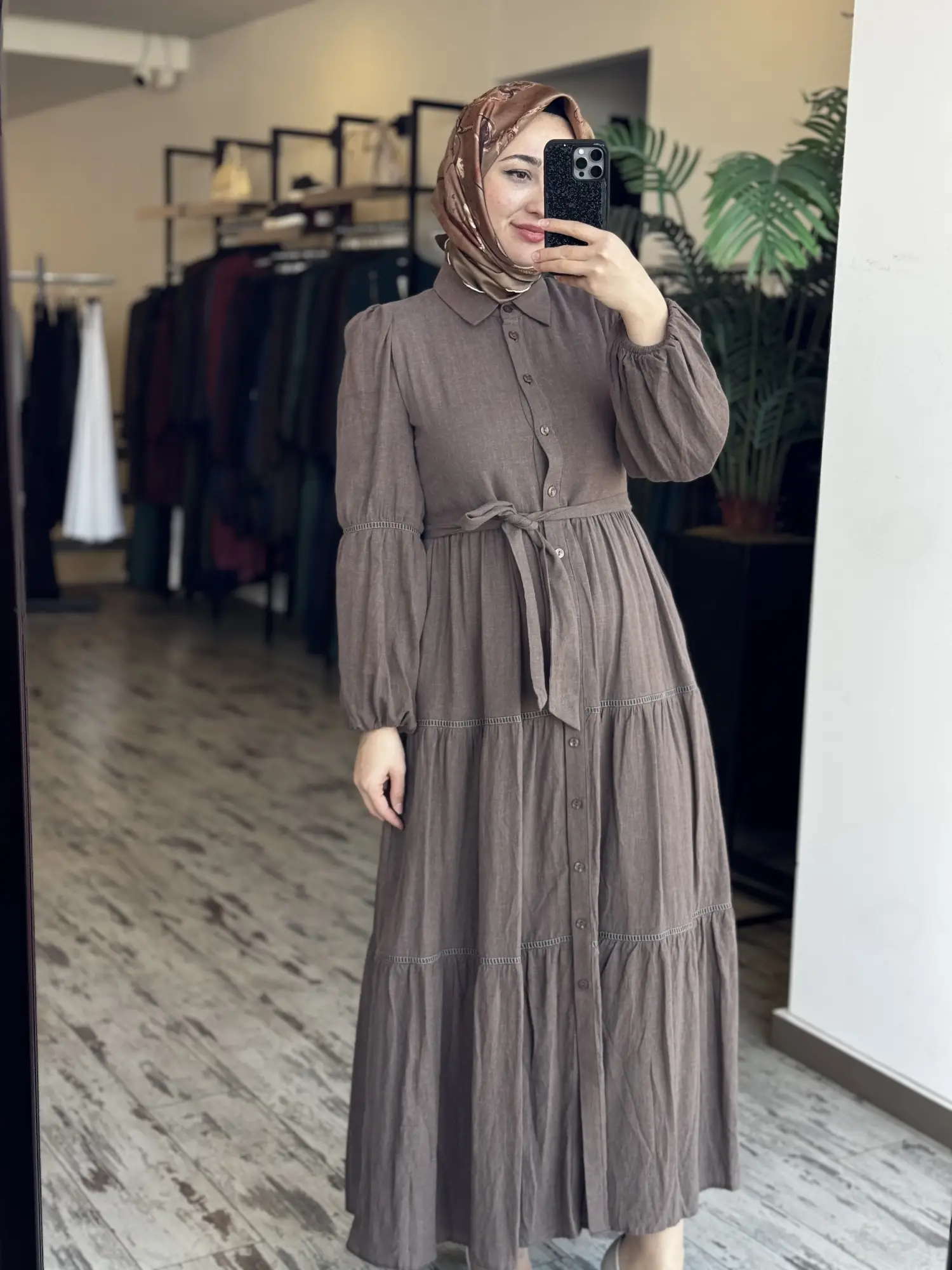 Almarwah Boydan Düğmeli Keten Elbise 303897