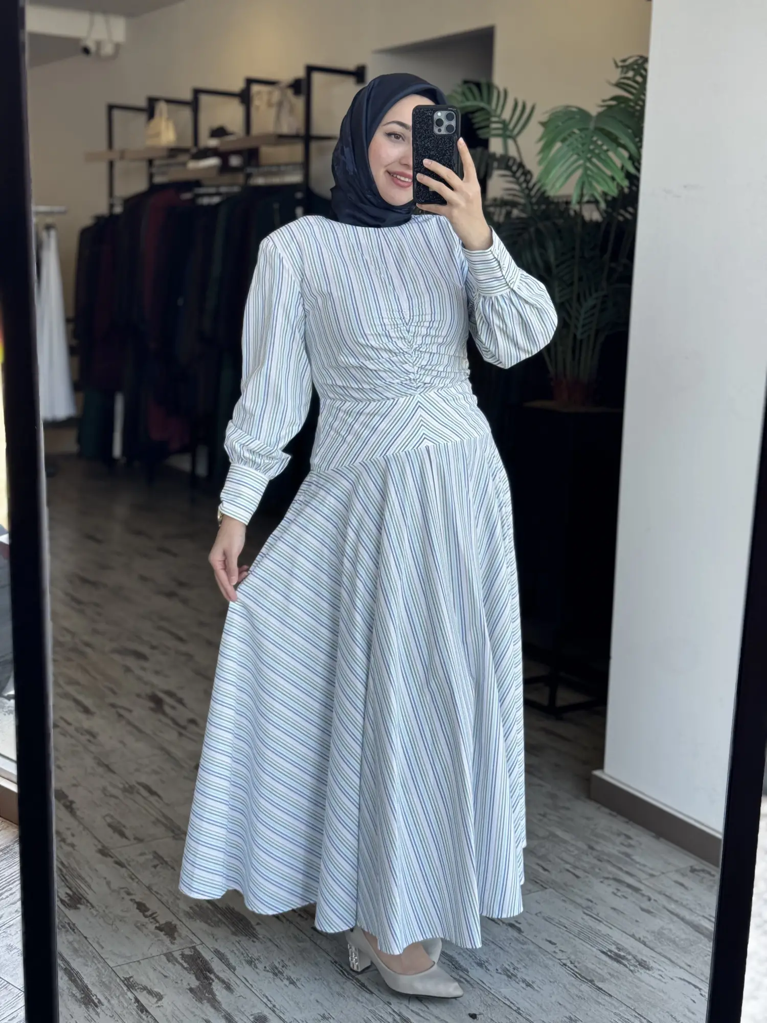 Vuu Çizgili Poplin Elbise