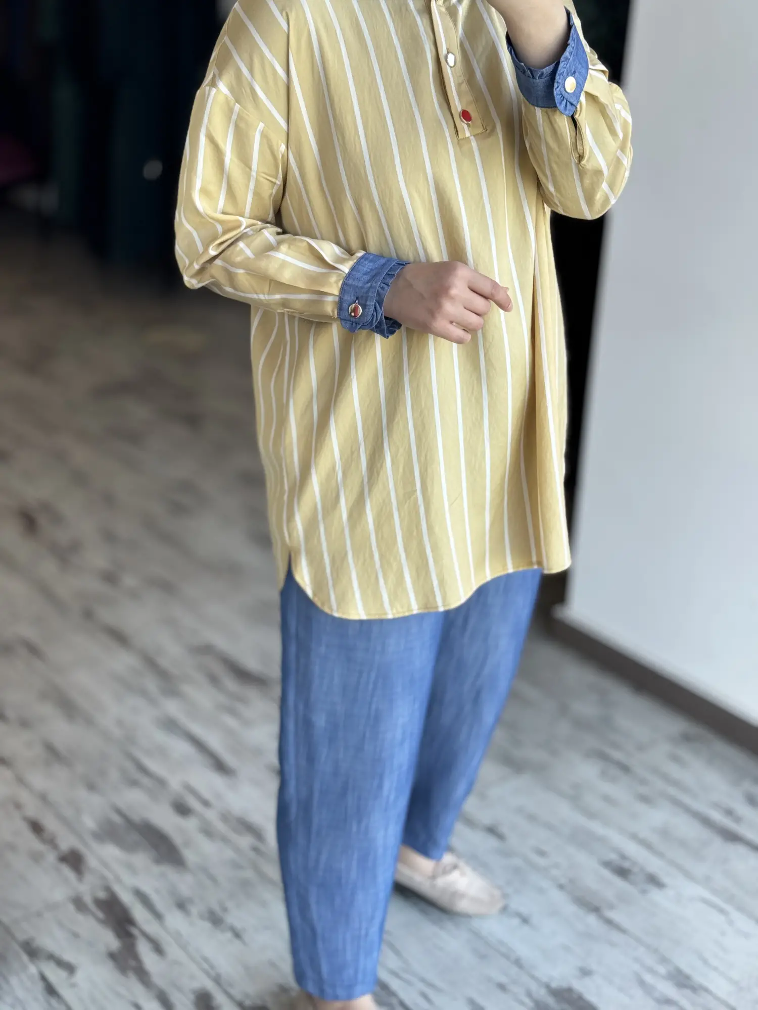 Tığ Triko Yakası Fırfır Detaylı Yarım Patlı Tunik Pantolon Takım TKM5057