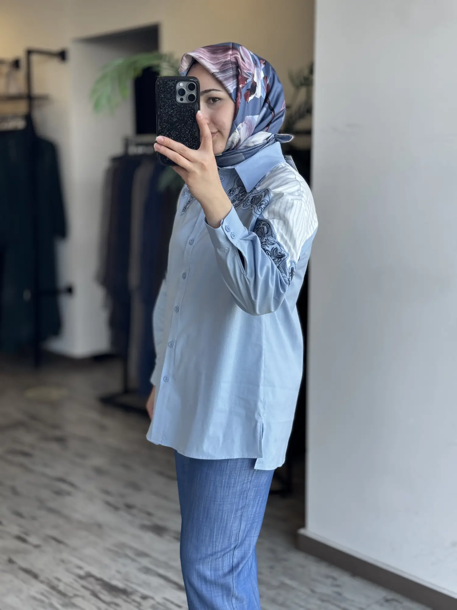 Tığ Triko Nakış Detaylı Çizgili Kumaş Mixli Gömlek GML4013