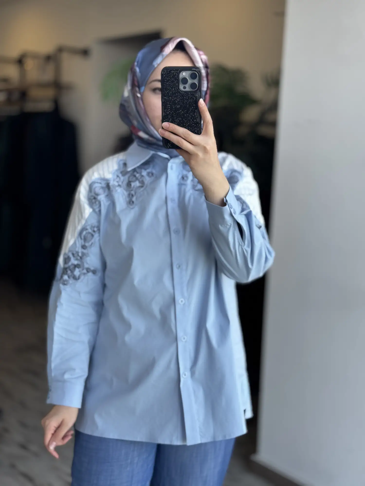 Tığ Triko Nakış Detaylı Çizgili Kumaş Mixli Gömlek GML4013