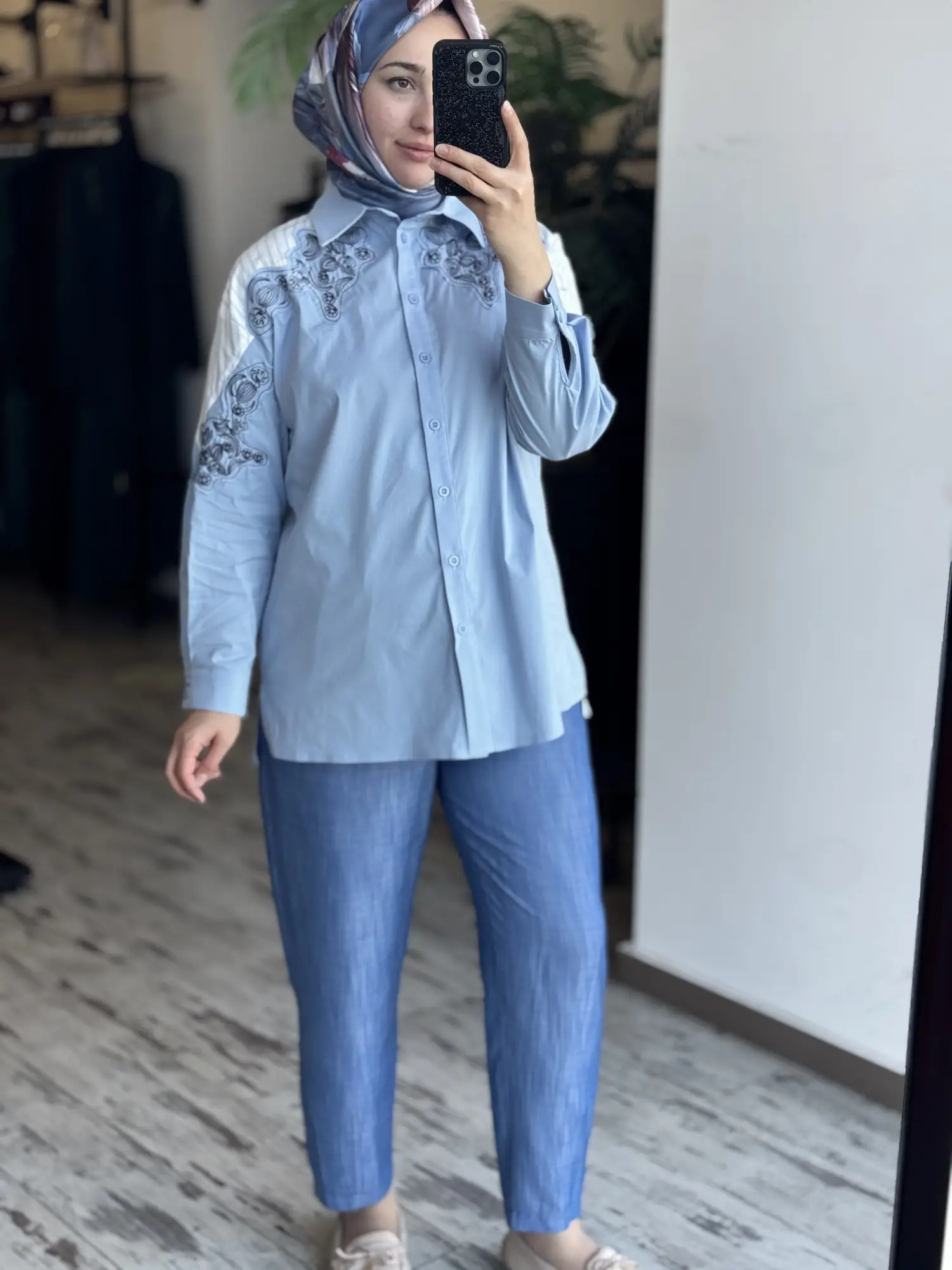 Tığ Triko Nakış Detaylı Çizgili Kumaş Mixli Gömlek GML4013