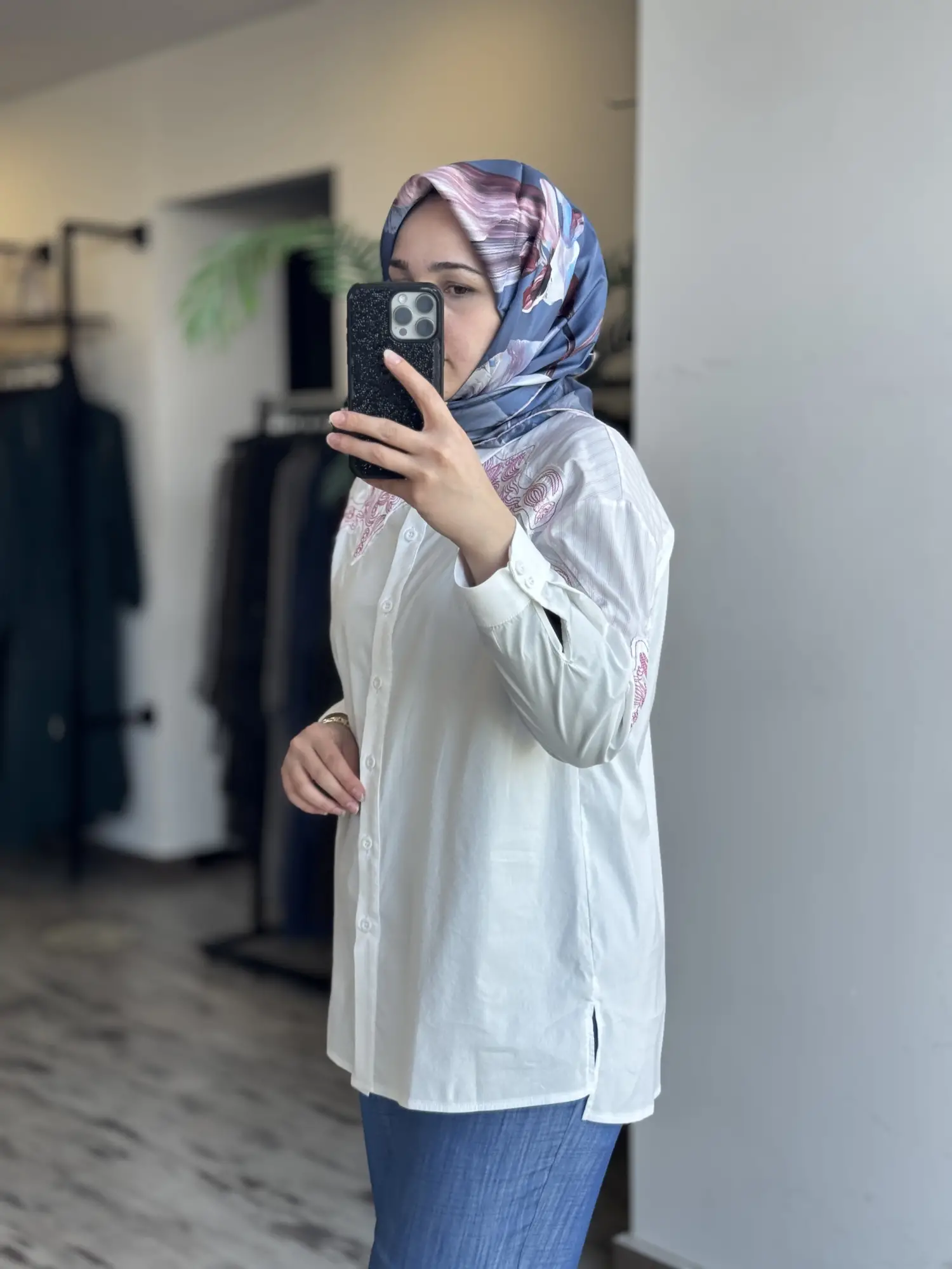 Tığ Triko Nakış Detaylı Çizgili Kumaş Mixli Gömlek GML4013