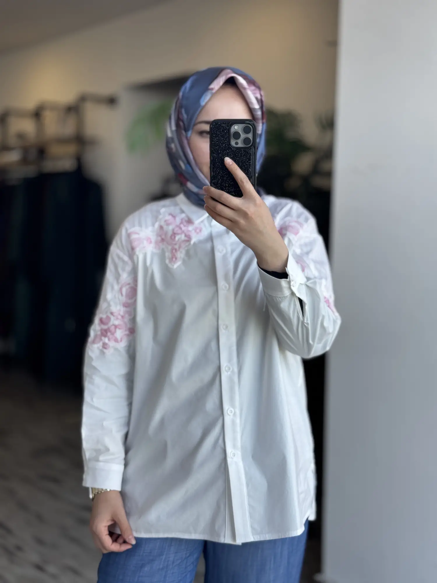 Tığ Triko Nakış Detaylı Çizgili Kumaş Mixli Gömlek GML4013